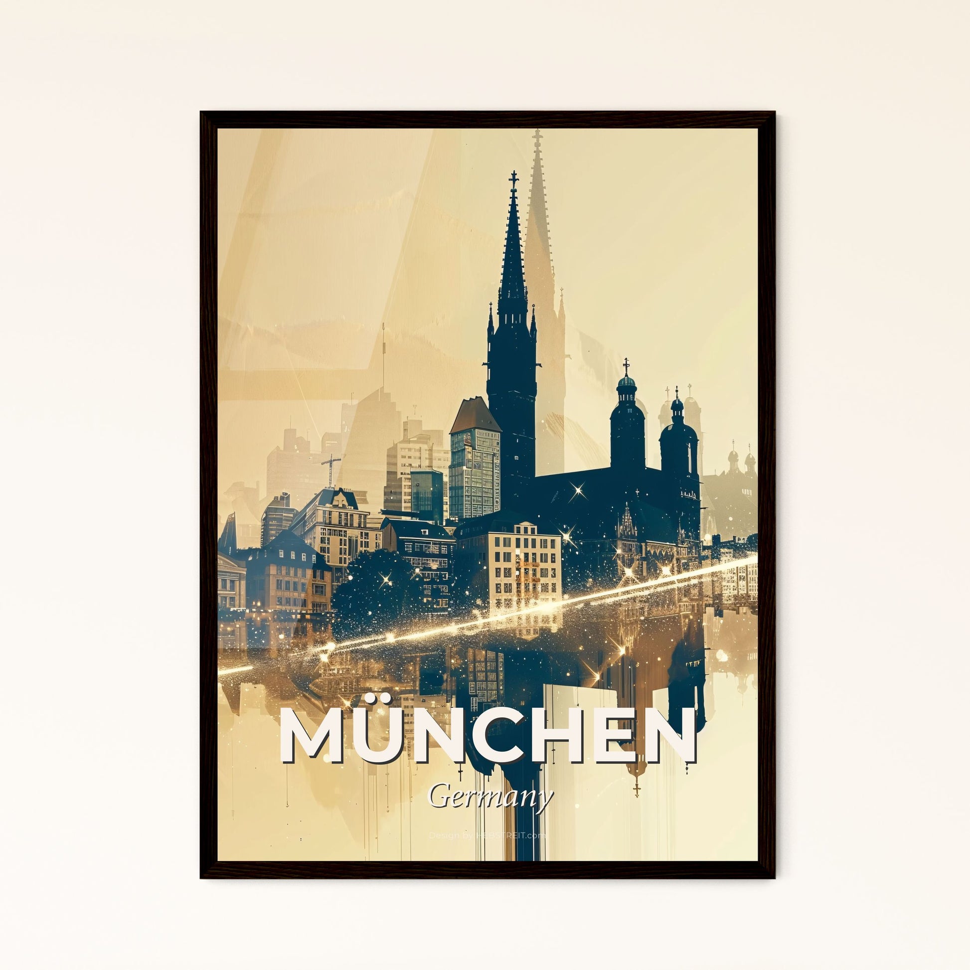 Munich Skyline Double Exposure Art Print - A city with a reflection of a light