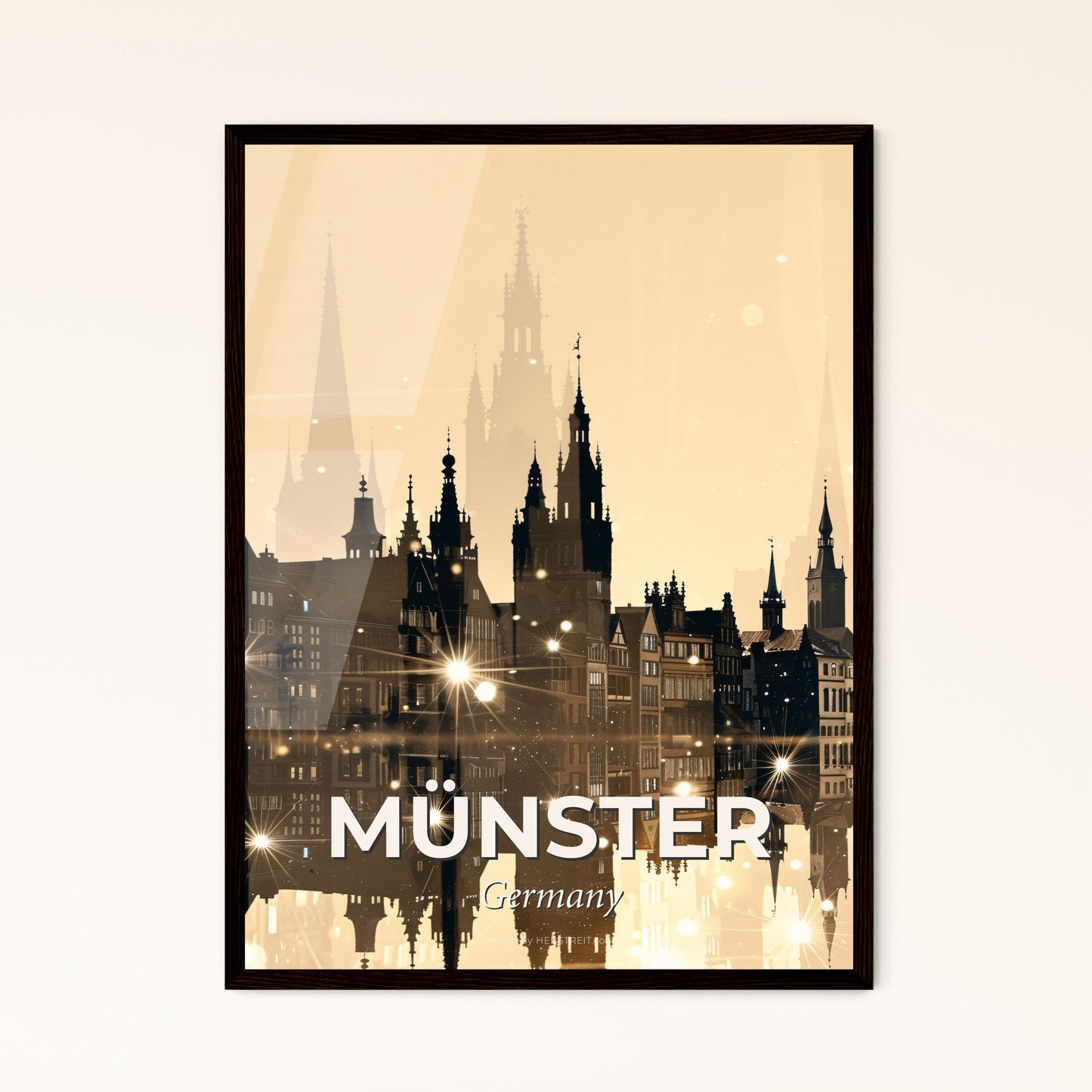 Muenster Skyline Double Exposure Poster - A city with many towers and lights