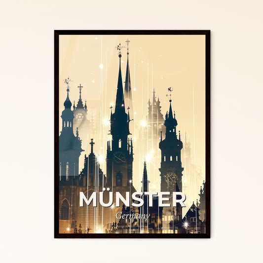 Münster Cityscape Skyline Poster in Warm Hues - A building with towers and spires