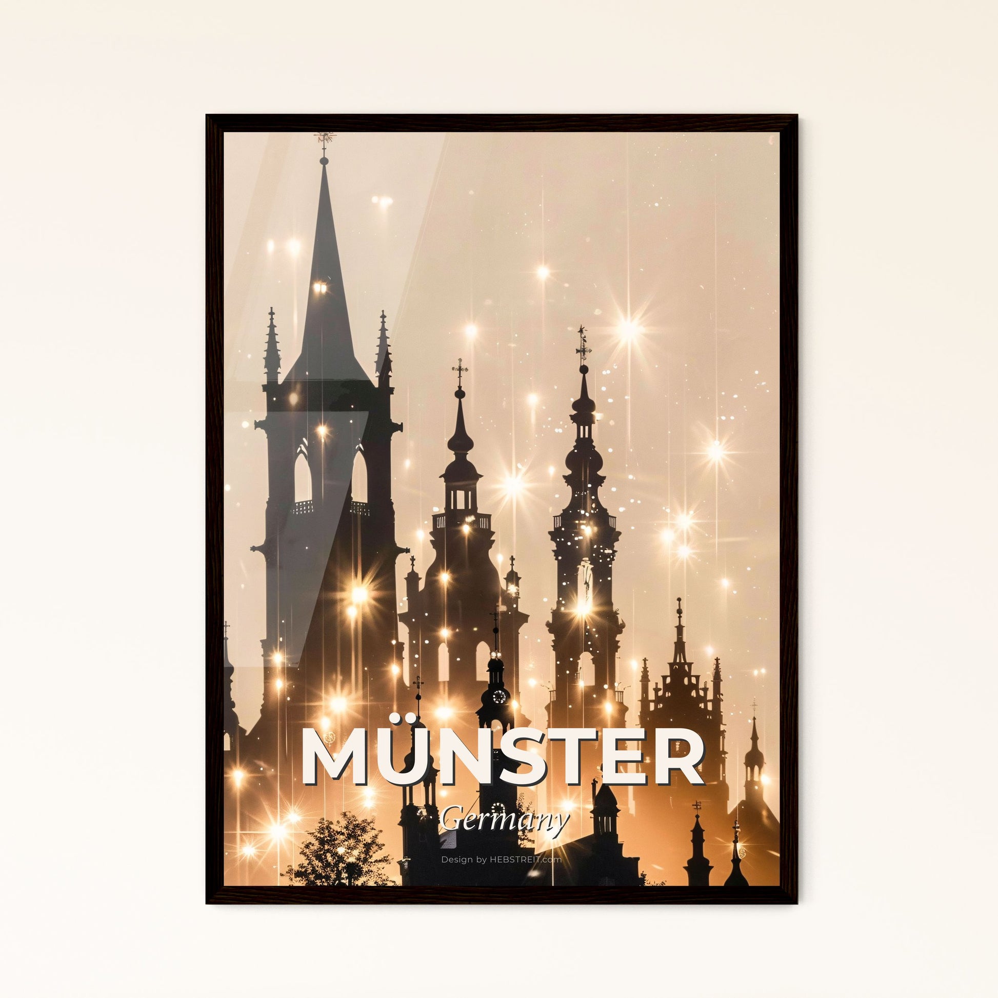 Münster Skyline Double Exposure Cityscape Silhouette Poster - A silhouette of a building with a tower and spires