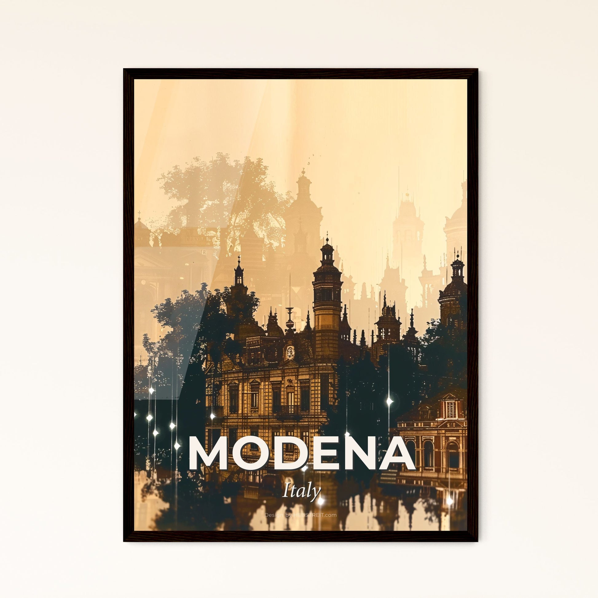 Modena Skyline Double Exposure Dreamy Poster Art - A building with many towers and trees