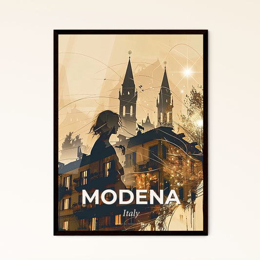 Modena City Skyline Composite Artwork Poster - A woman standing on a building