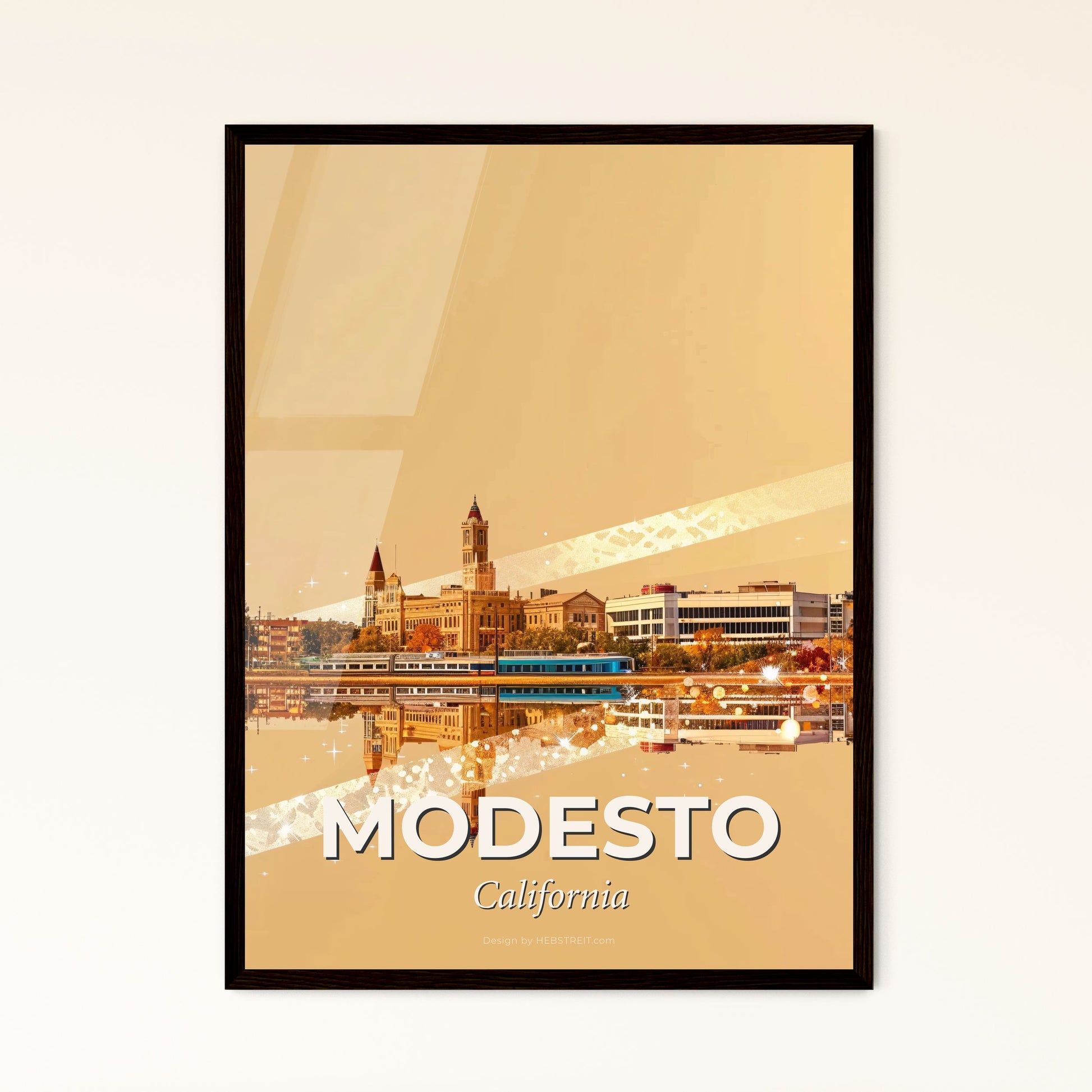 Modesto Cityscape Composite Art Print - A city next to a body of water