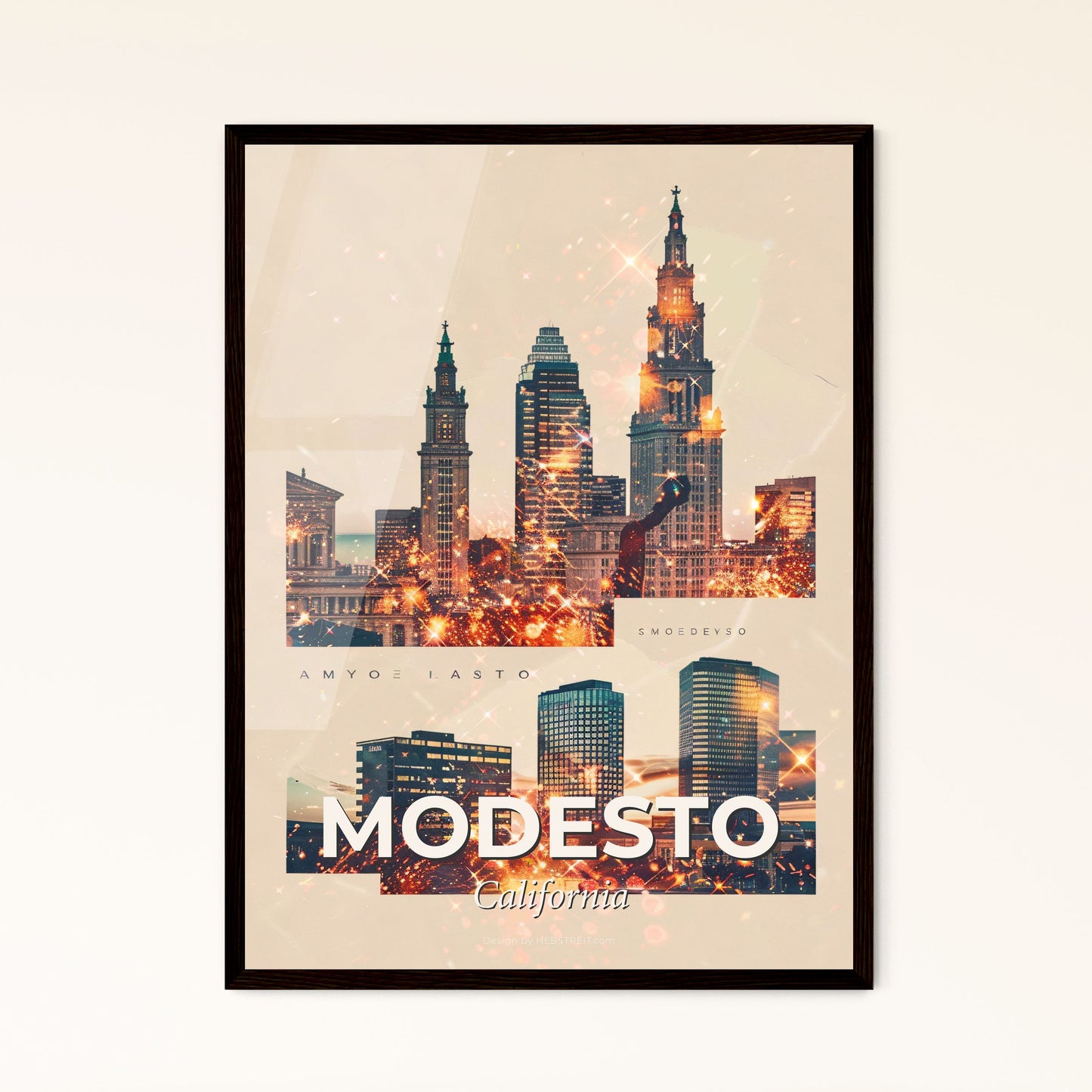 Modesto Cityscape Double Exposure Art - A city skyline with many tall buildings