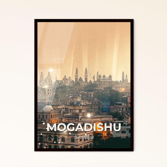 Mogadishu Skyline Art: Vibrant City Hues on Beige - A city with many buildings