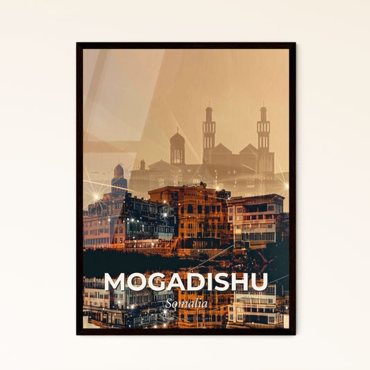 Mogadishu: Beige Skyline Art with Local Icons - A city with many buildings and lights