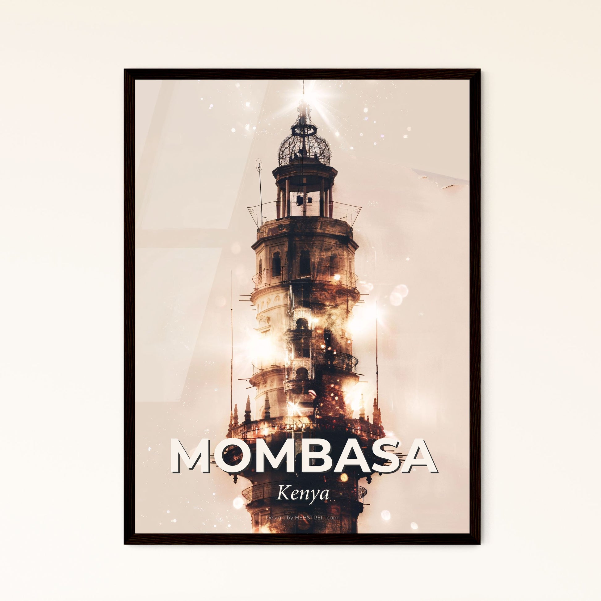 Mombasa Skyline Composite Art: Tropical City Lights - A tower with a light on top