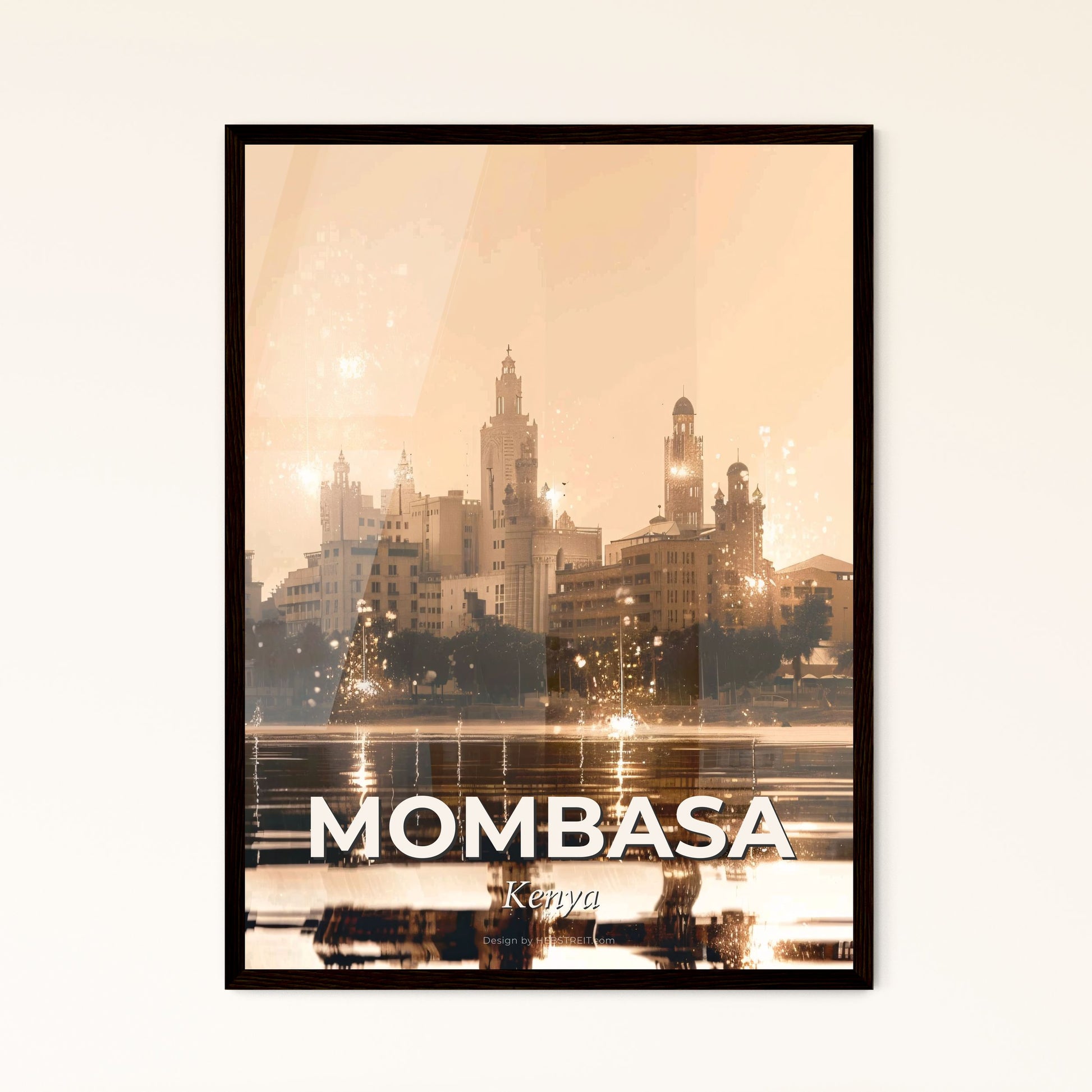 Mombasa Skyline Pastel Double Exposure Composite Poster - A city skyline with water reflection