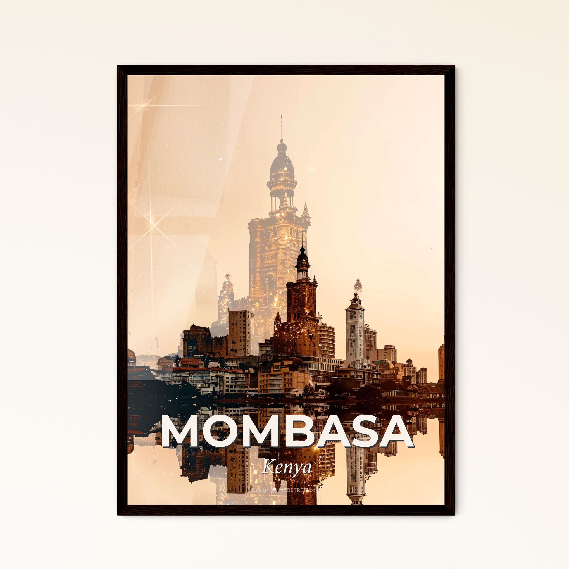 Mombasa Skyline Composite: Brilliance in Beige - A city with a tall tower and a body of water