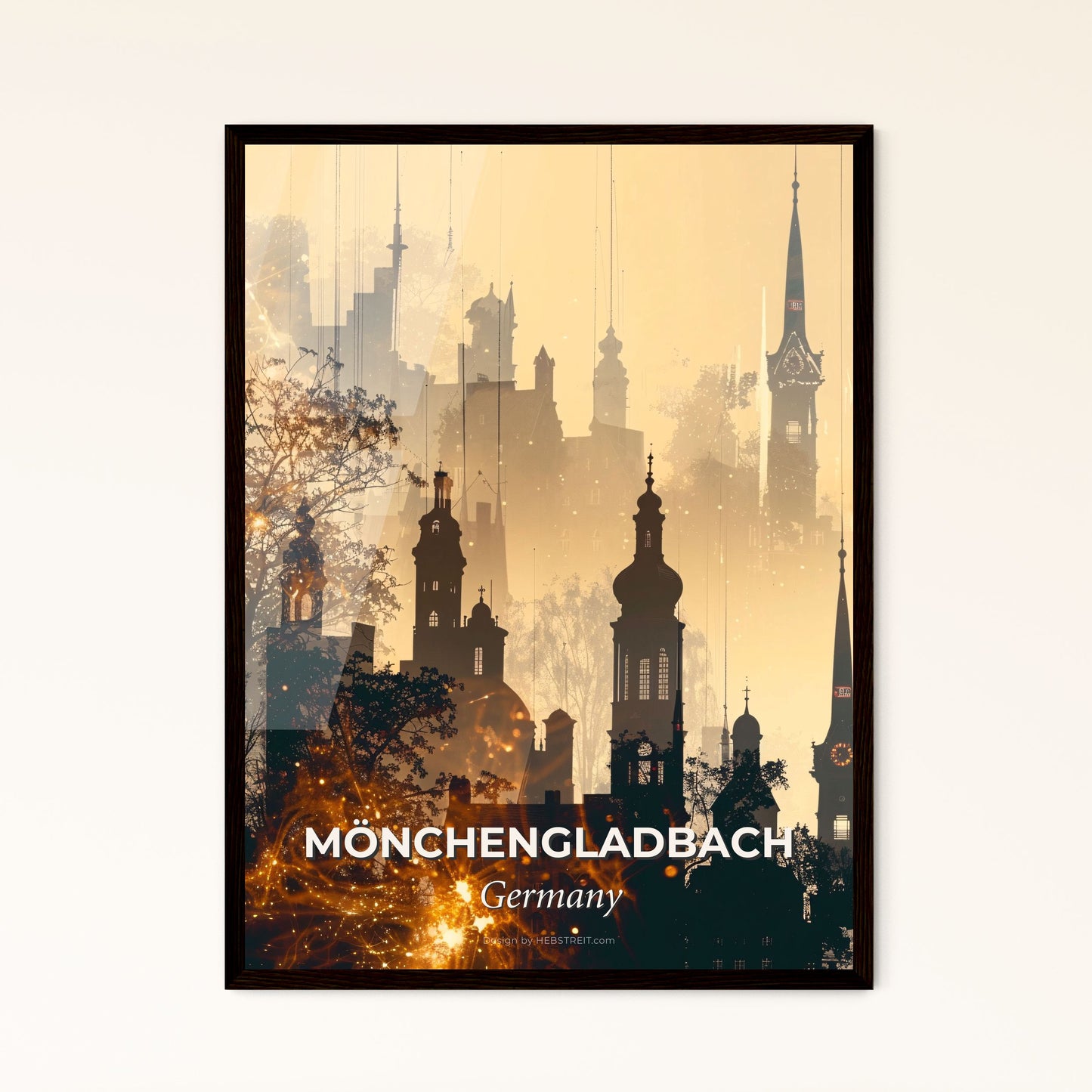 Monchengladbach City Skyline Bright Beige Poster - A silhouette of a city with tall buildings and trees