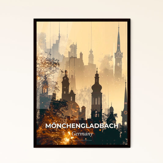 Monchengladbach City Skyline Bright Beige Poster - A silhouette of a city with tall buildings and trees