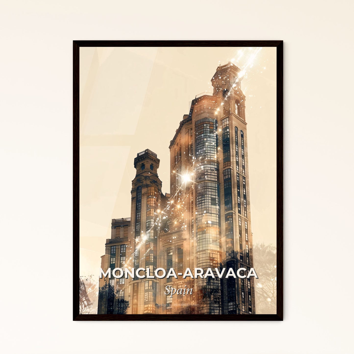 Moncloa-Aravaca: City Lights Sparkles Skyline Poster - A building with many windows