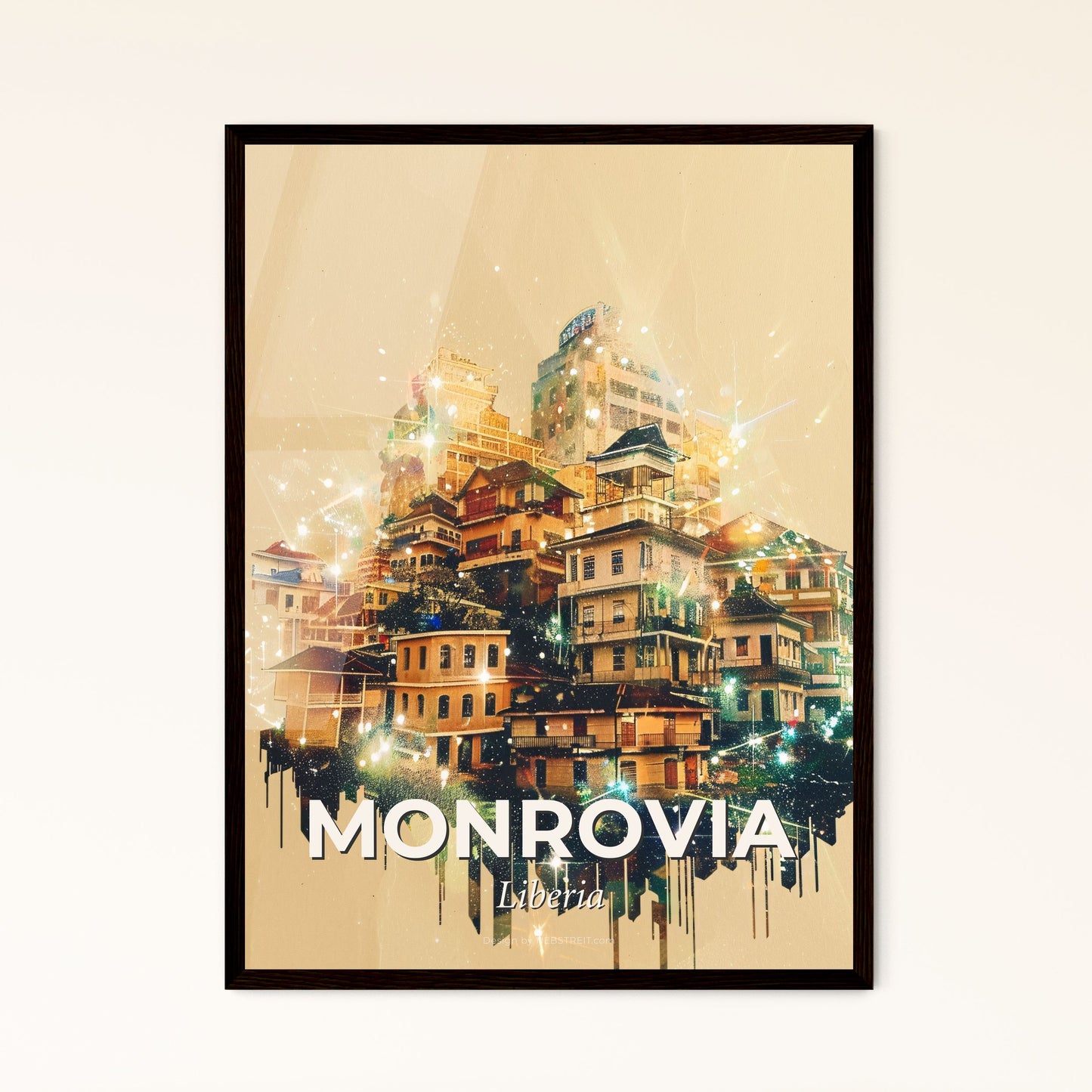 Monrovia Skyline Exposure Art Poster - A group of buildings with lights