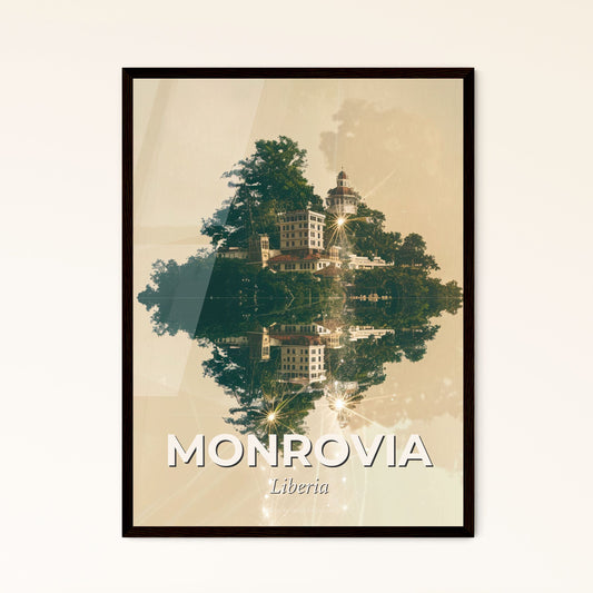 Monrovia Skyline Art: Iconic Cityscape Glitter - A building on a hill with trees and a reflection of the sun