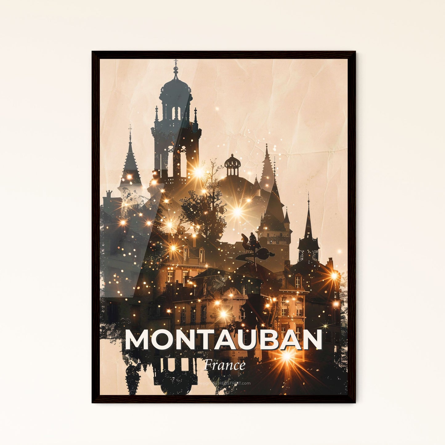 Montauban City Skyline Silhouette Art Poster - A silhouette of a castle with lights