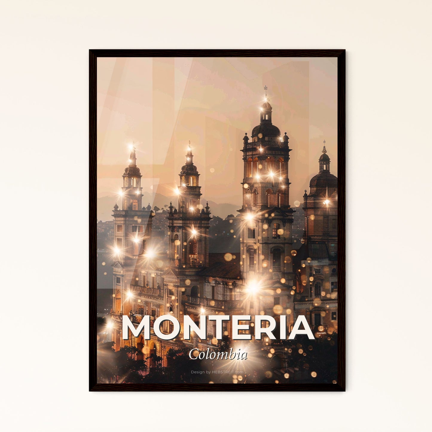 Monteria Skyline Double Exposure City Art Poster - A large building with towers and lights