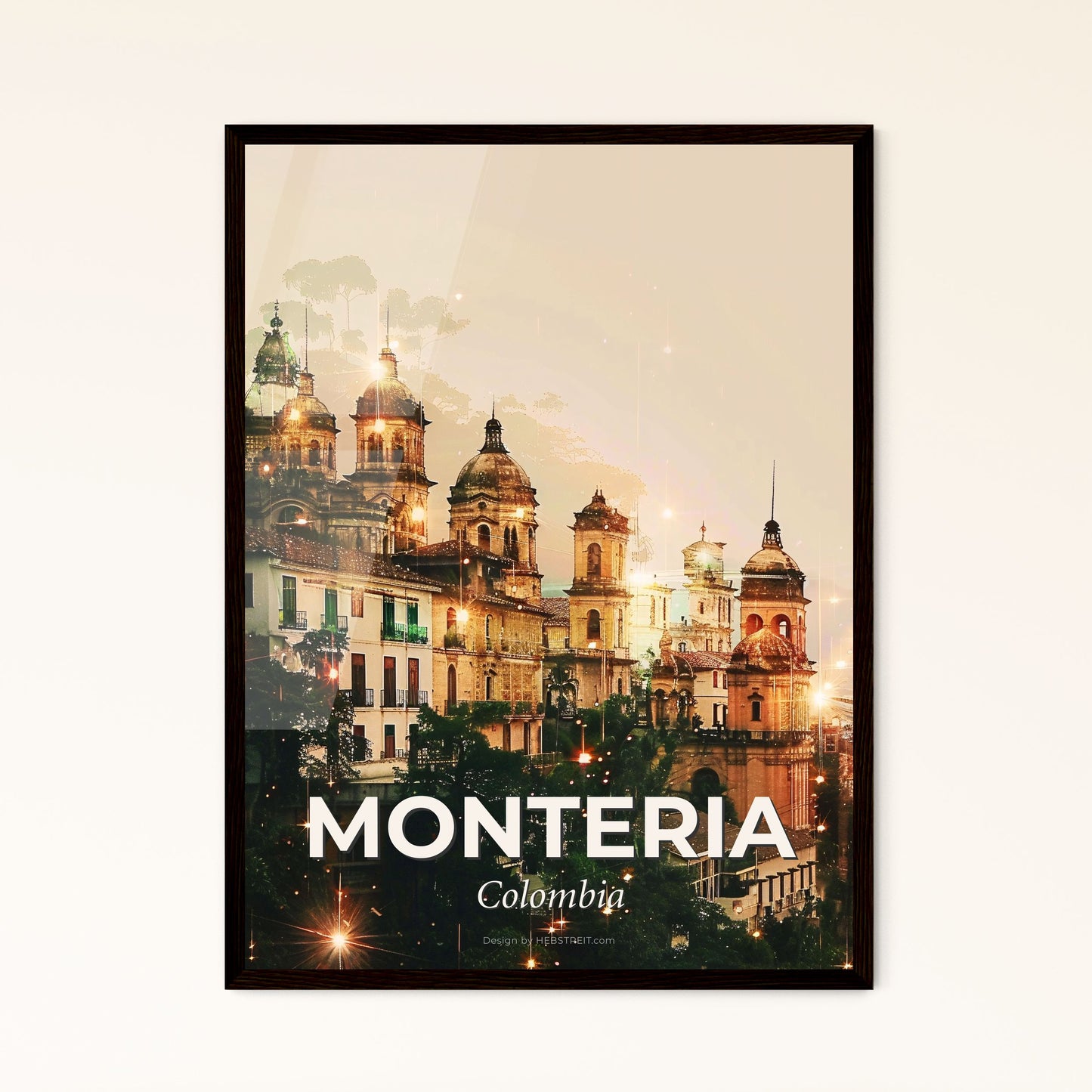 Monteria Skyline Double Exposure Cityscape Art Poster - A building with many towers and trees