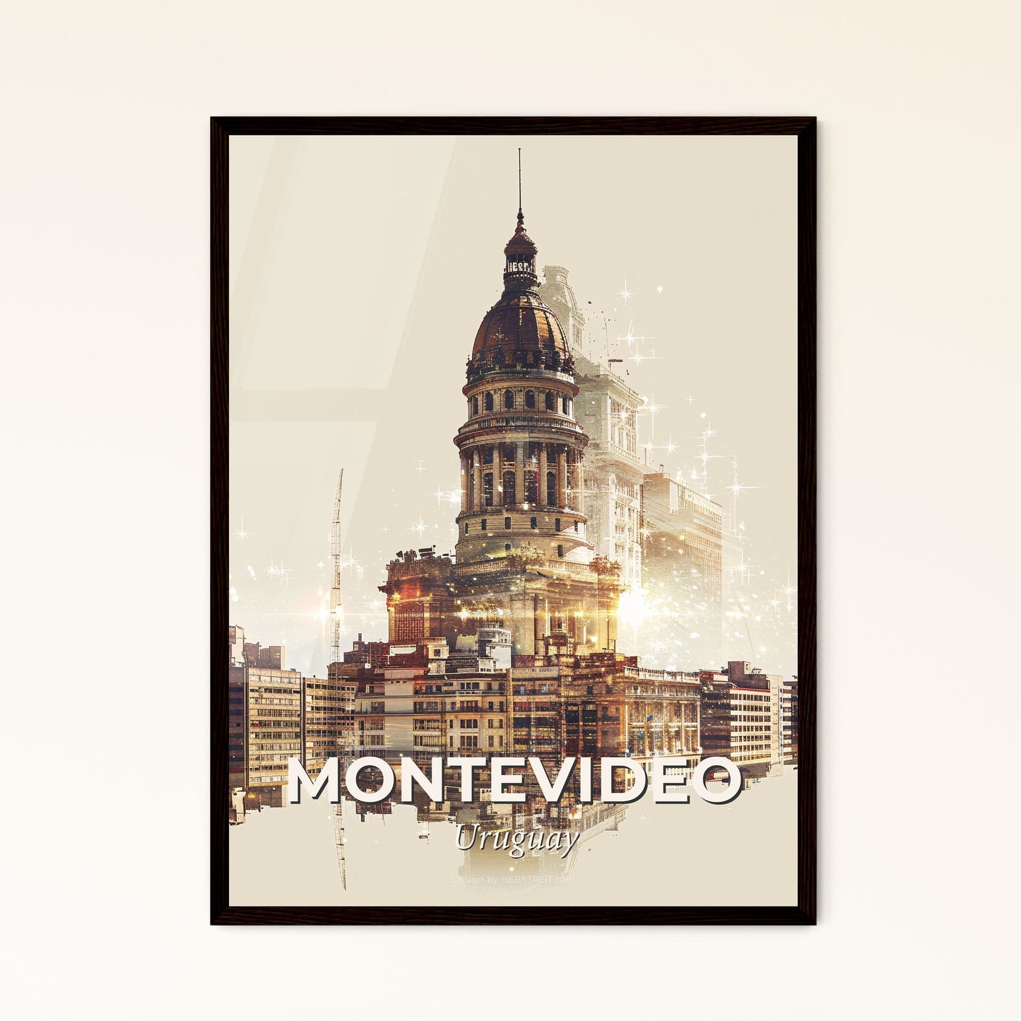 Montevideo City Skyline Sparkling Poster Art - A city with a large building