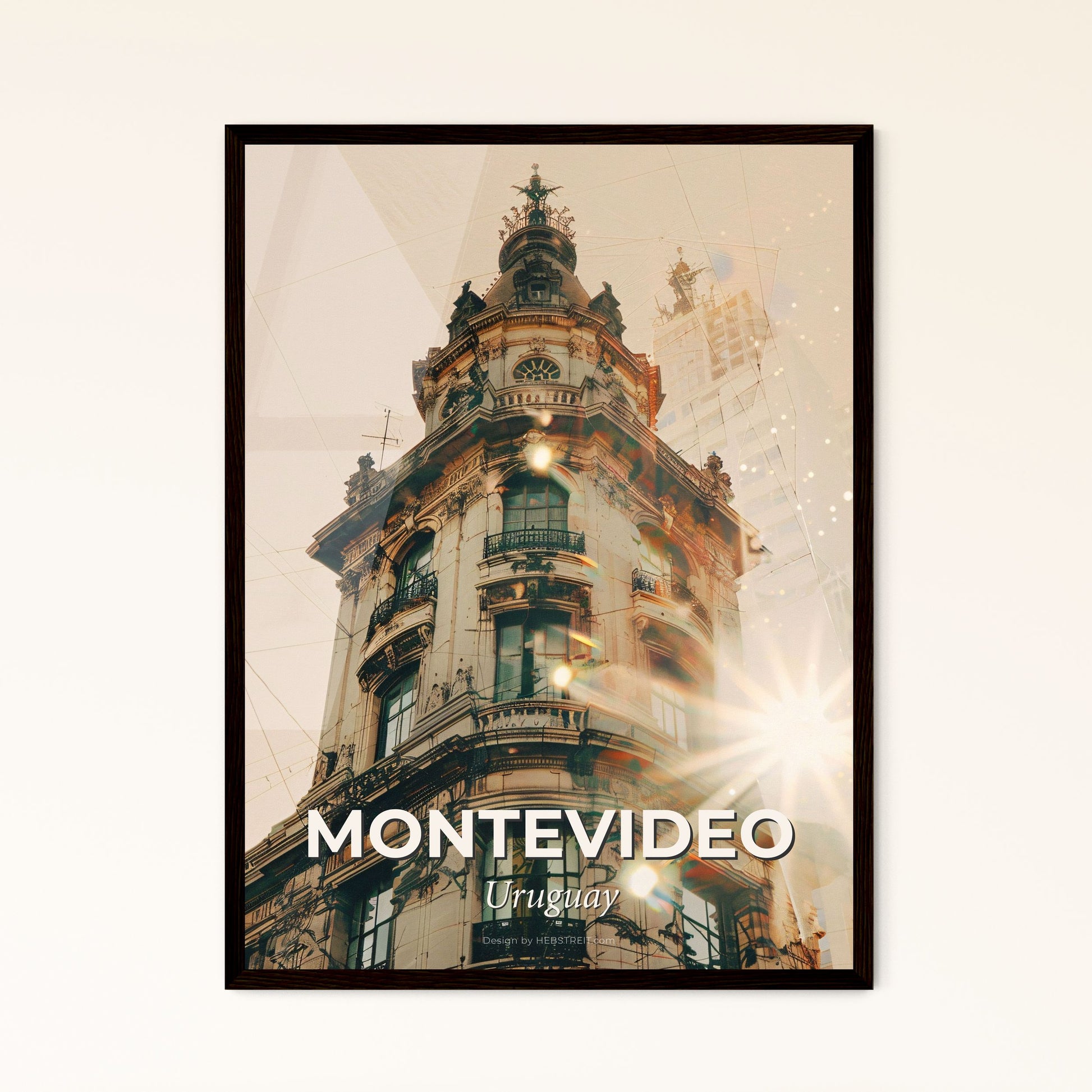 Montevideo Cityscape: Double Exposure Art Poster - A building with a clock tower