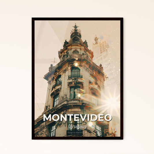 Montevideo Cityscape: Double Exposure Art Poster - A building with a clock tower