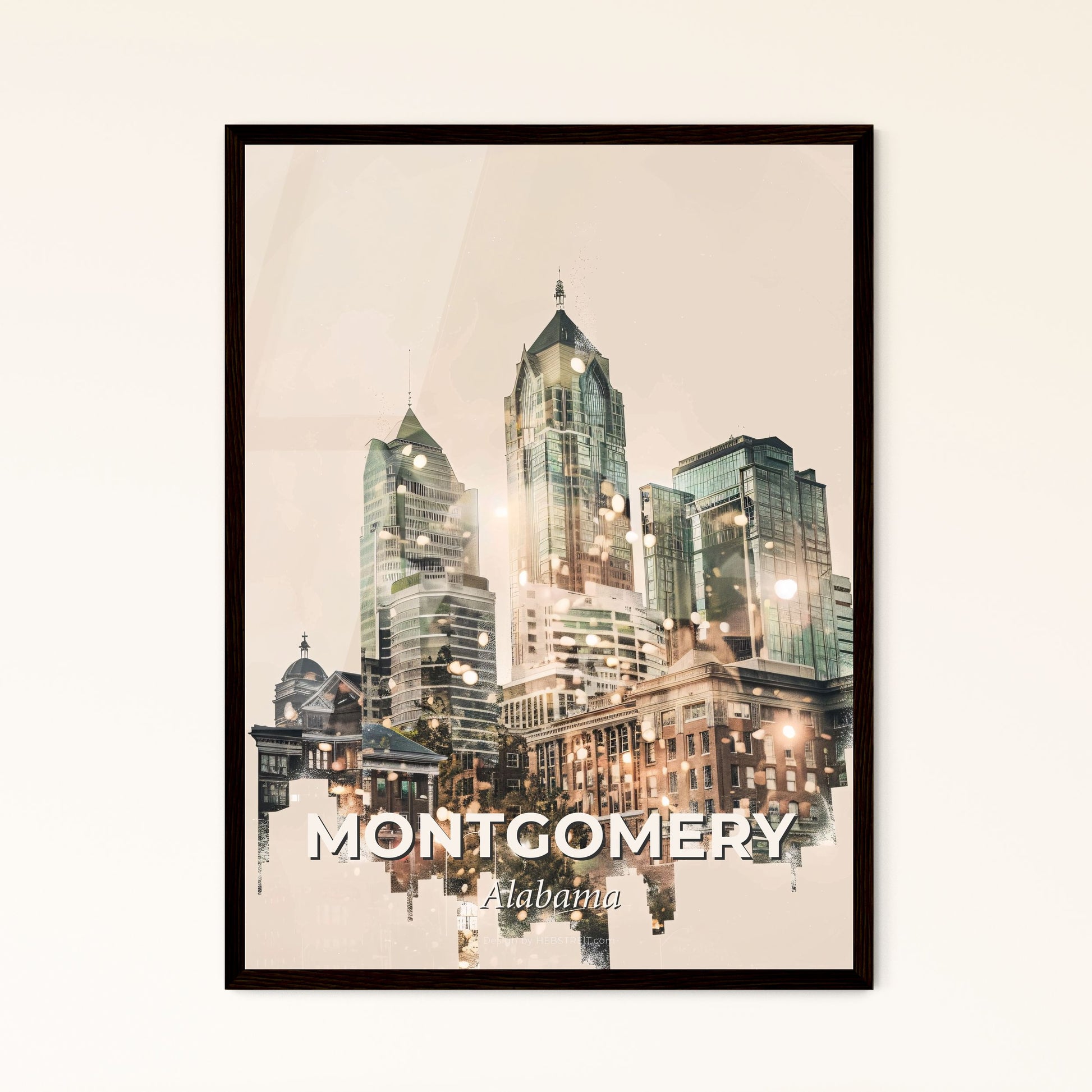 Montgomery Cityscape Art: Icons, Sparkle, Beige - A city skyline with many buildings