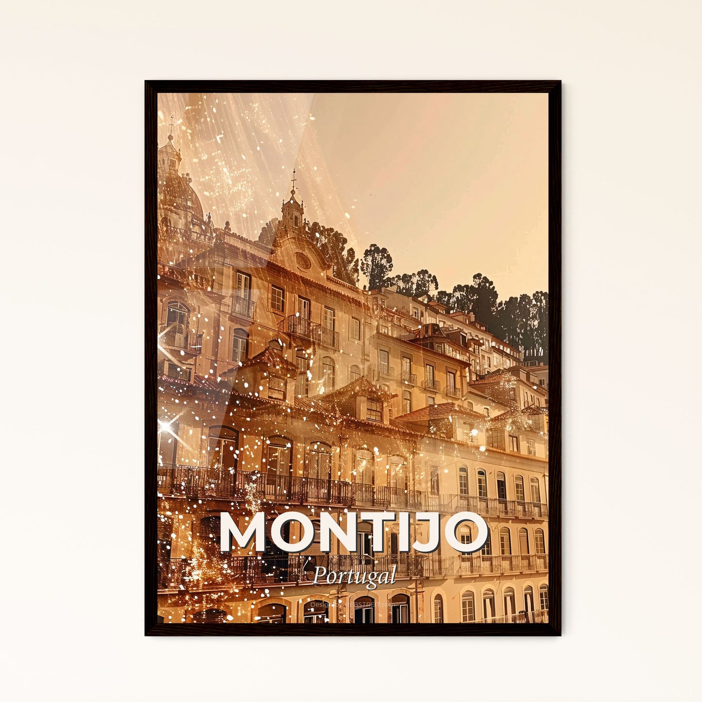 Montijo City Skyline Art Poster, Bright Beige - A building with many windows and lights