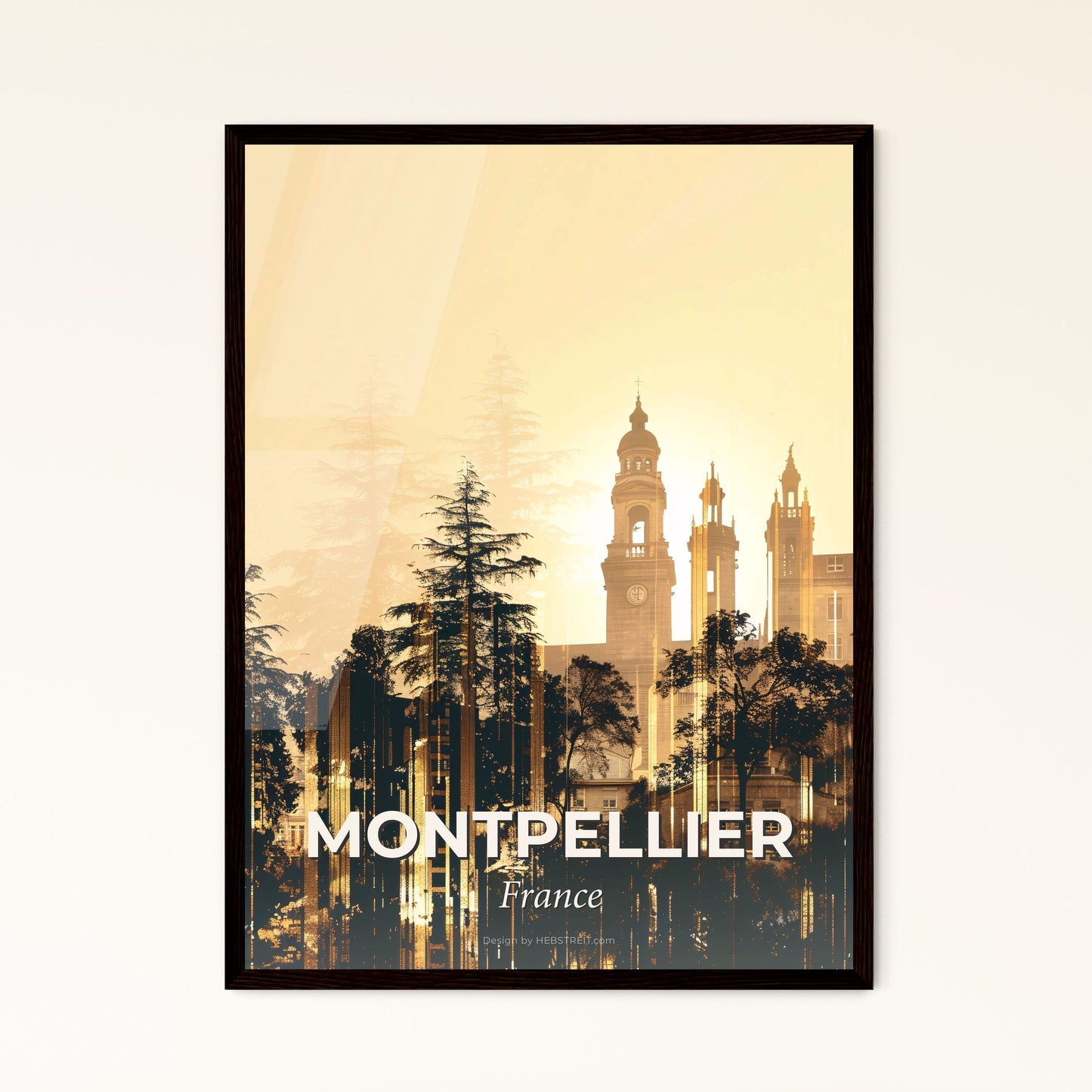 Montpellier Skyline Double Exposure Poster Art - A building with a clock tower and trees