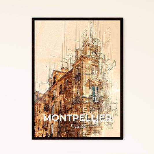 Montpellier Skyline Silhouette Double Exposure Poster - A building with a clock tower