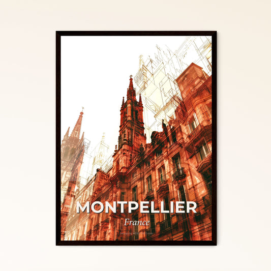 Montpellier Skyline City Lights Beige Art Poster - A building with towers and spires