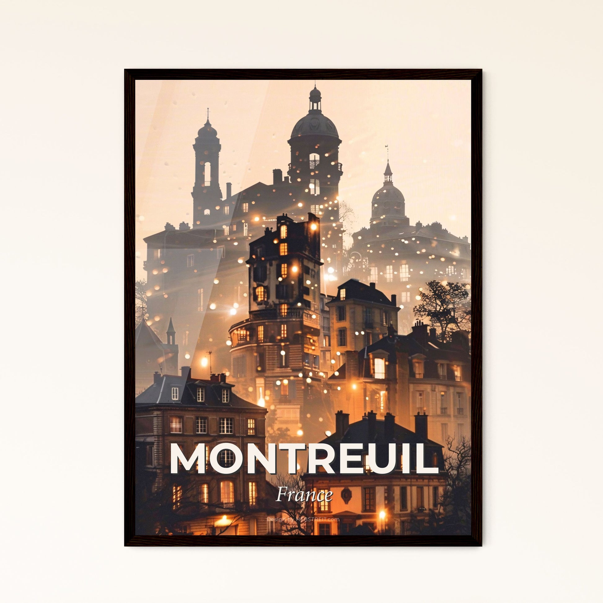 Montreuil Skyline Composite Art Poster - A city with many buildings and snow falling