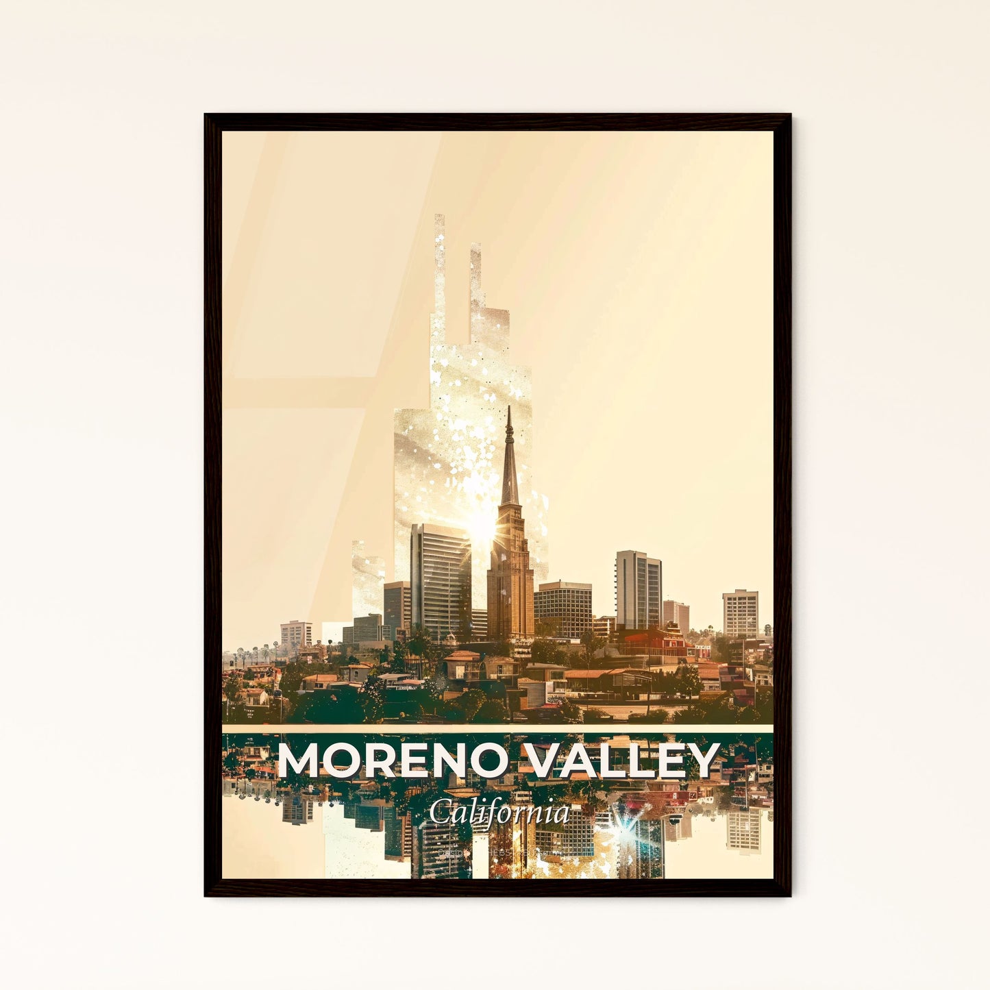 Moreno Valley Sunrise Skyline Cityscape Poster - A city with a tall building