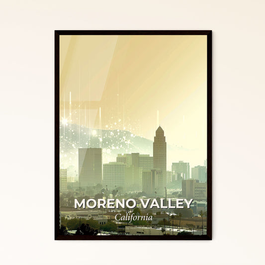 Moreno Valley City Skyline Poster Art - A city with many buildings and a mountain in the background