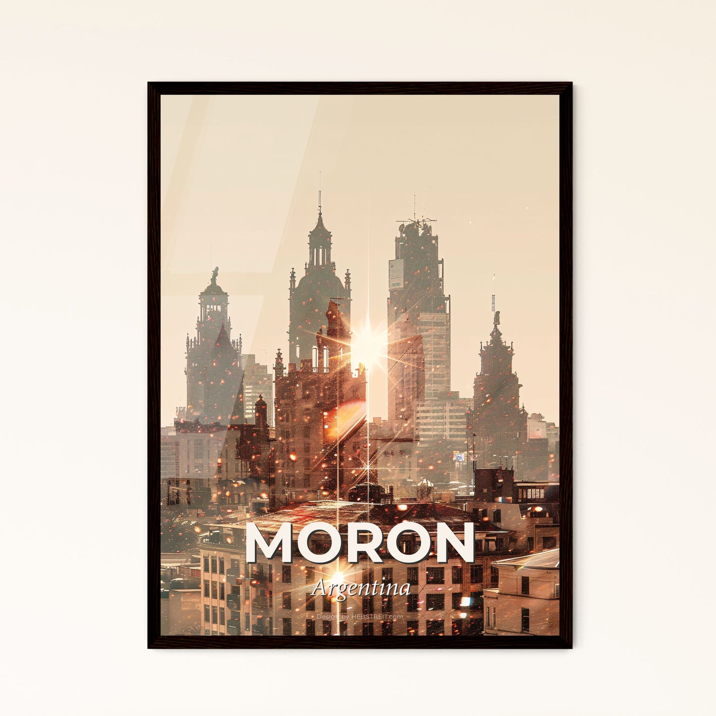 Moron Skyline Art Poster - Local Vibes Beige Sparkle - A city skyline with sun shining through it