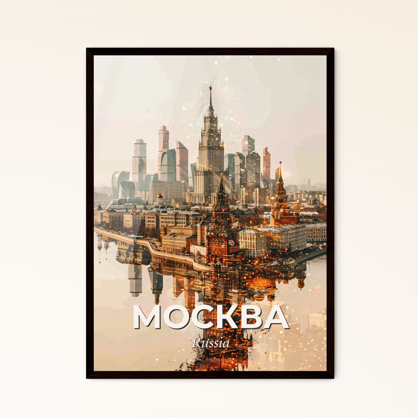 Moscow Skyline Double Exposure Art Poster - A city with many buildings and a body of water