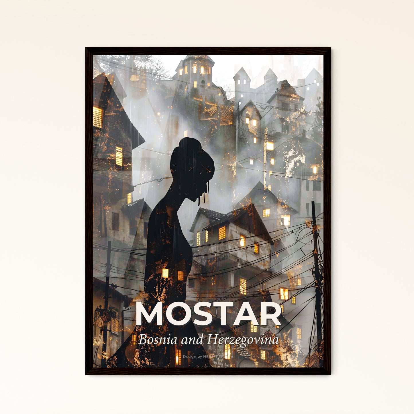 Mostar Skyline Composite Art, Bright Beige Poster - A woman walking in a city