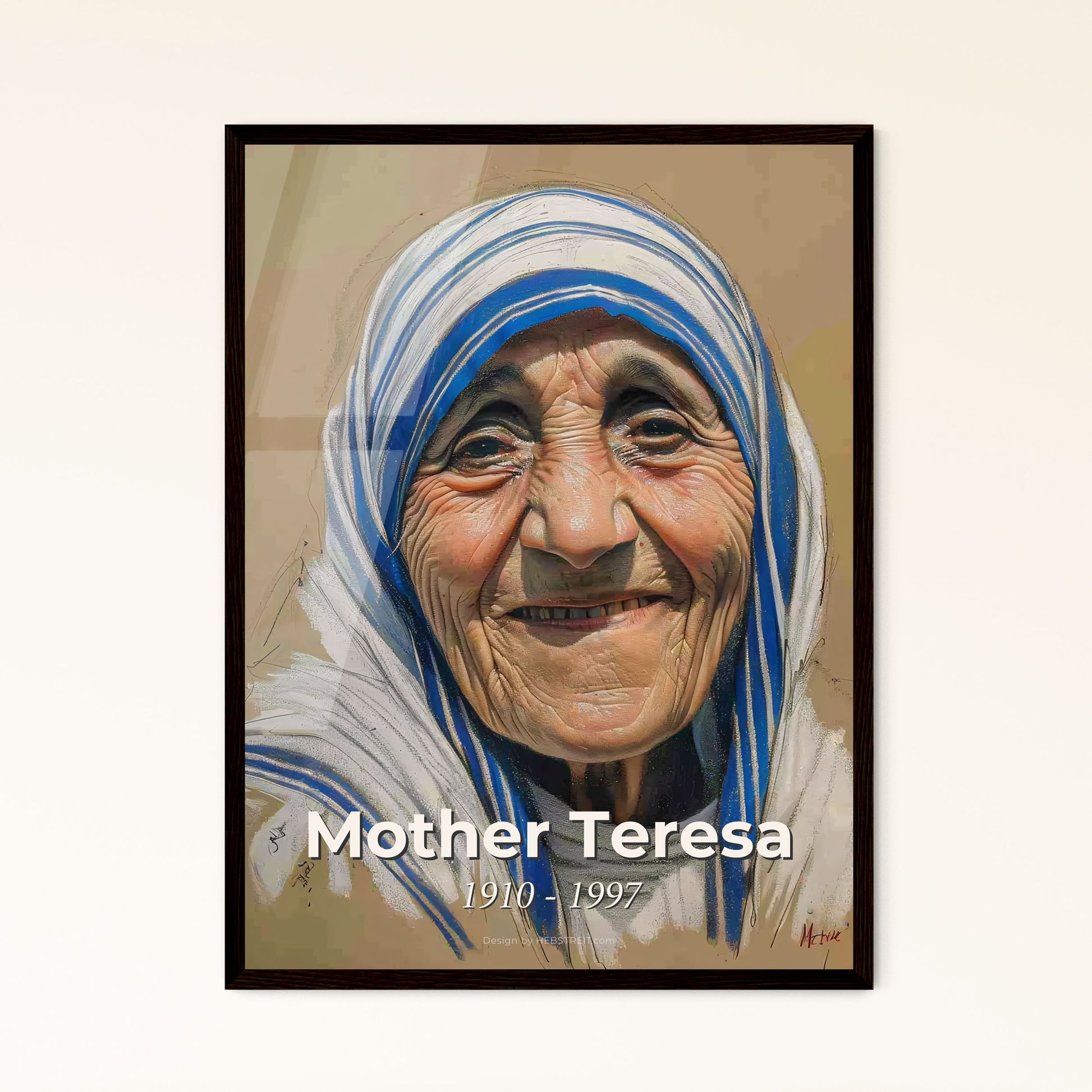 Elegant Portrait of Mother Teresa: Contemporary Art Print Celebrating Her Compassion and Spirit on Bright Beige Background