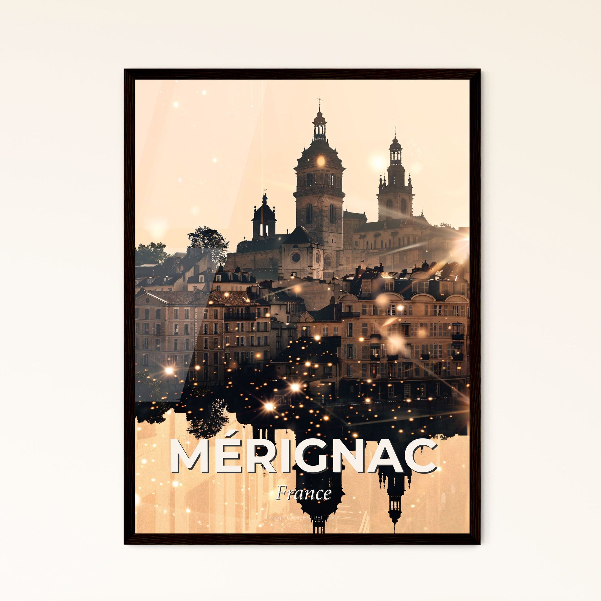 Mérignac Skyline Art Deco Double Exposure Poster - A city with many buildings and lights reflecting in water