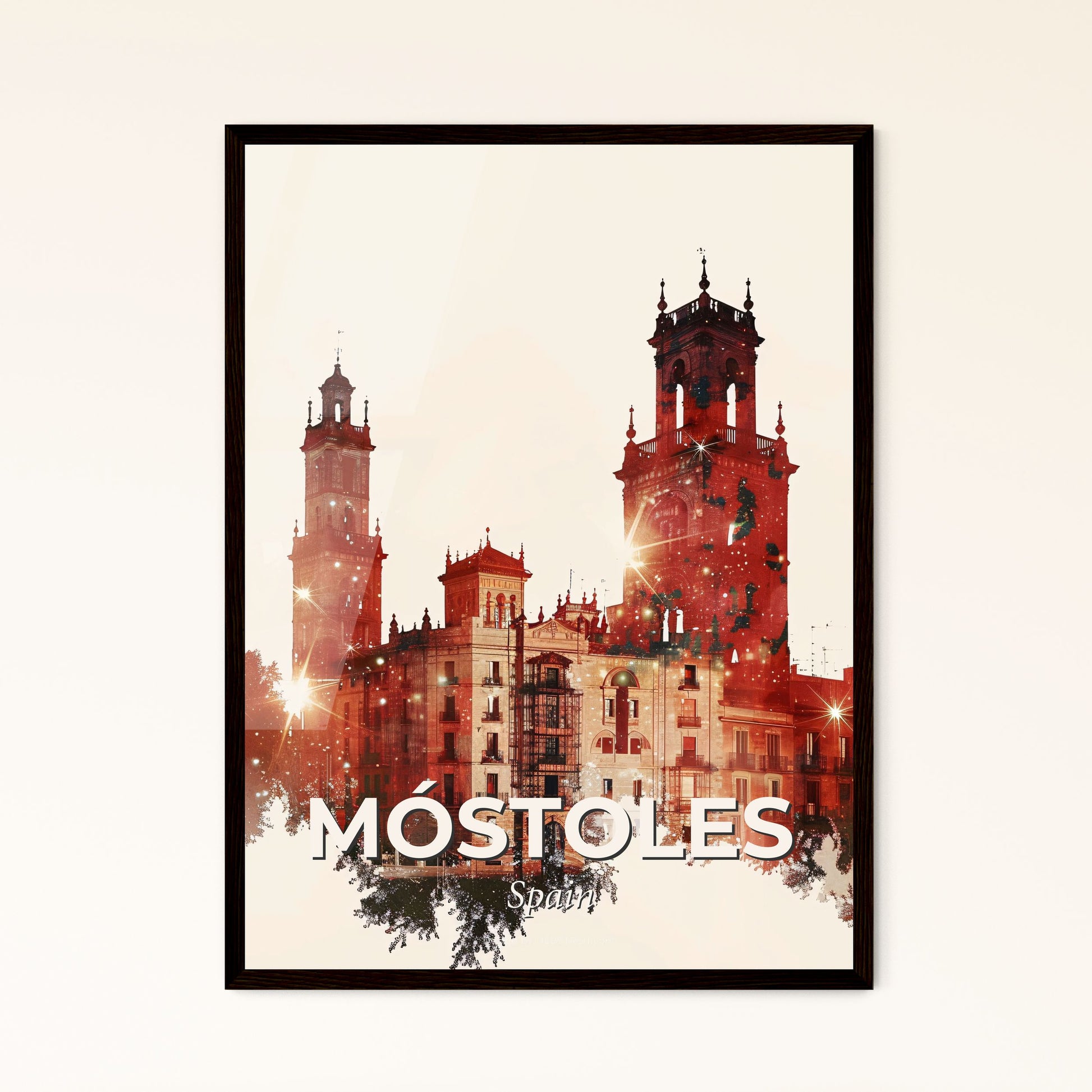 Mostoles City Skyline Architecture Beige Poster - A building with towers and lights