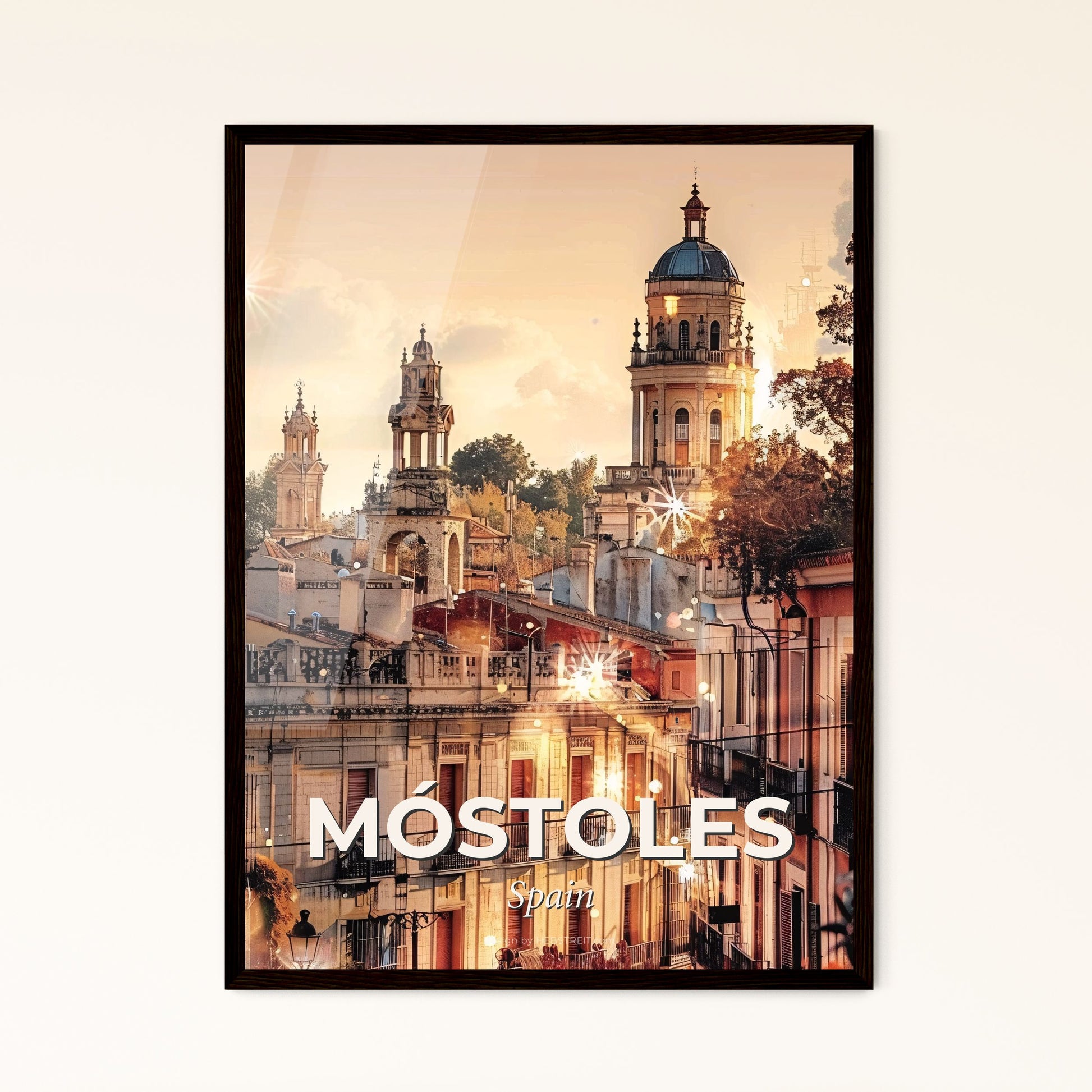 MÃ³stoles: City Skyline Art with Local Icons - A city with buildings and trees