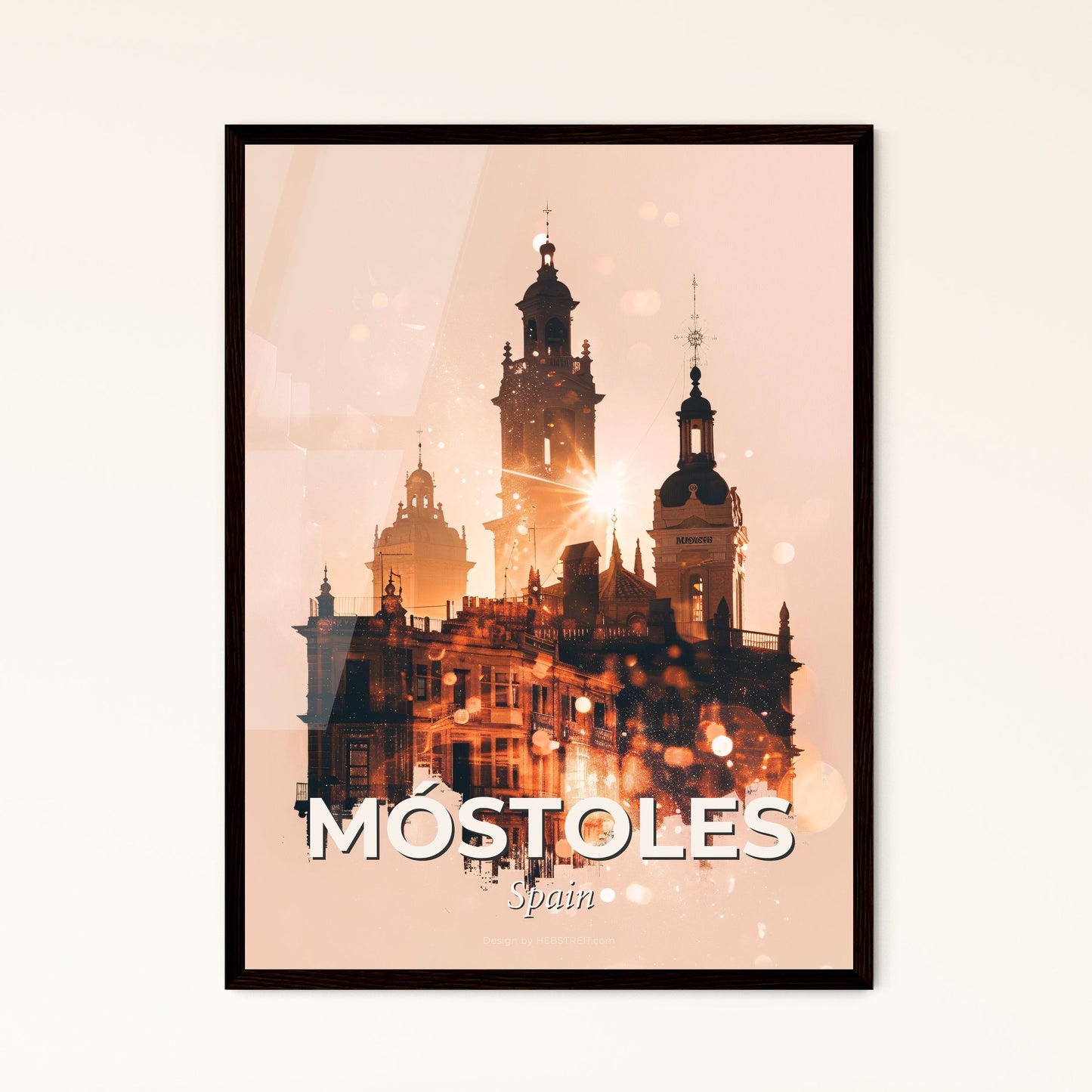 MÃ³stoles: City Skyline Art with Local Icons - A building with a tower and a bell tower