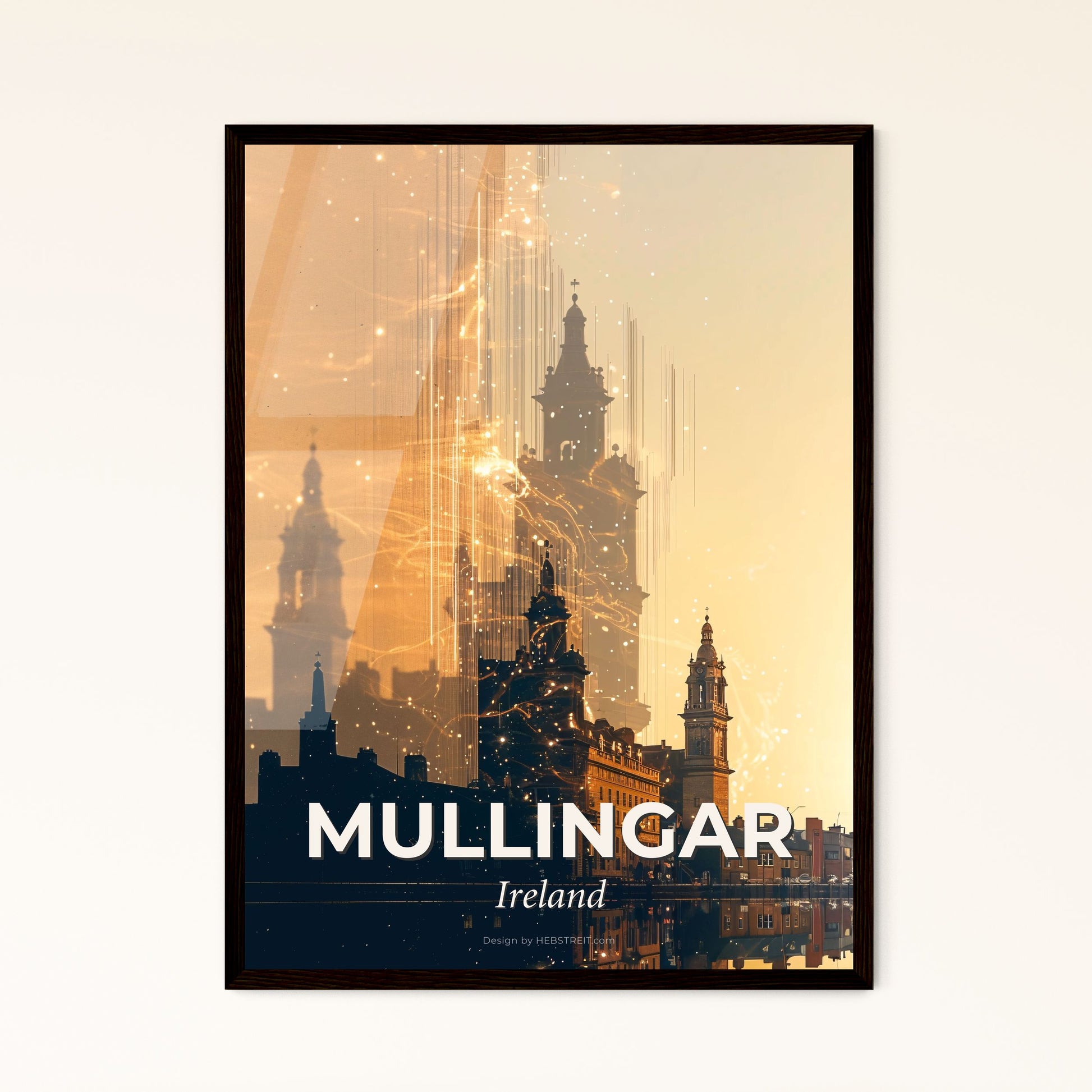 Mullingar Skyline Double Exposure Poster - A city with buildings and lights