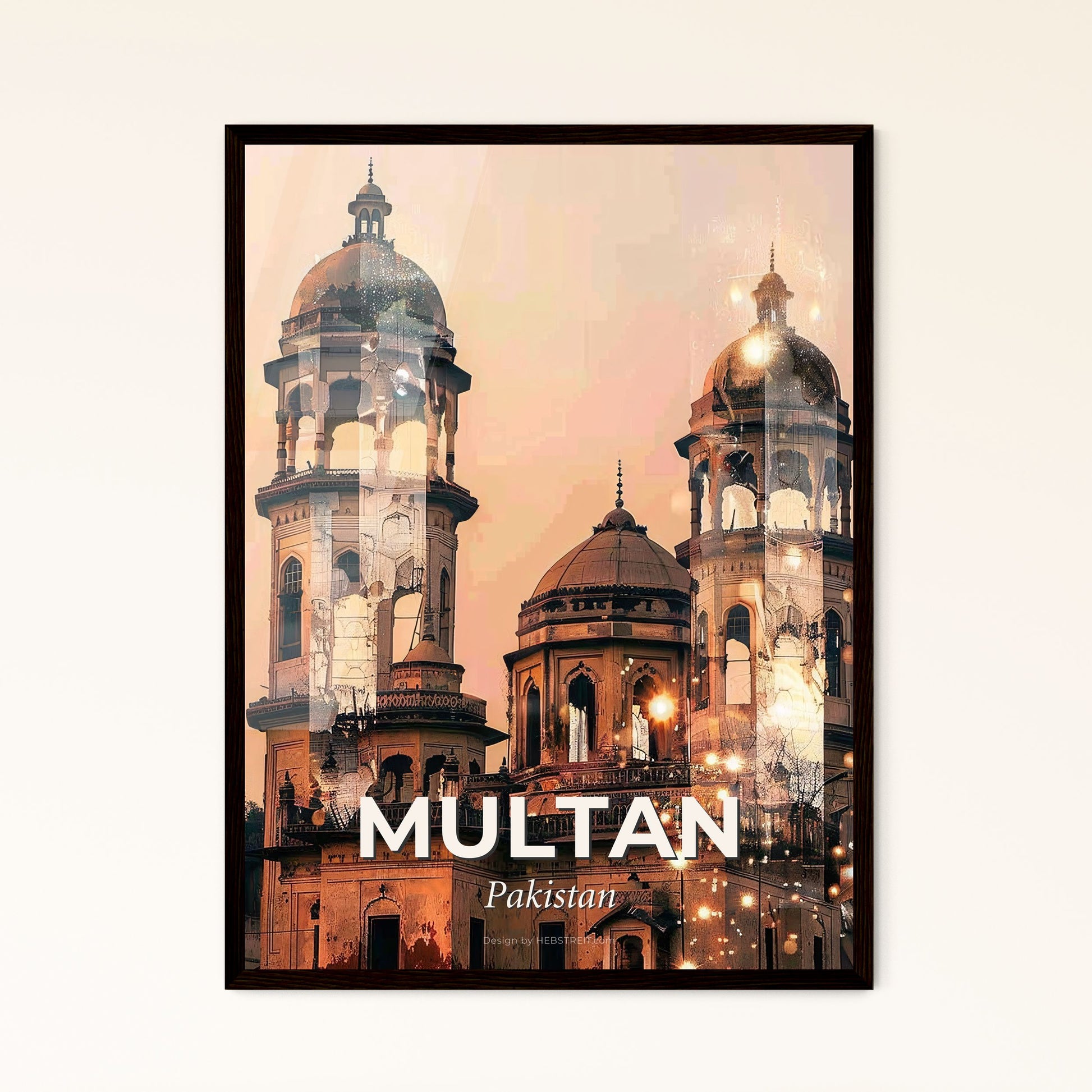 Multan Cityscape Skyline Double Exposure Art - A building with towers and lights