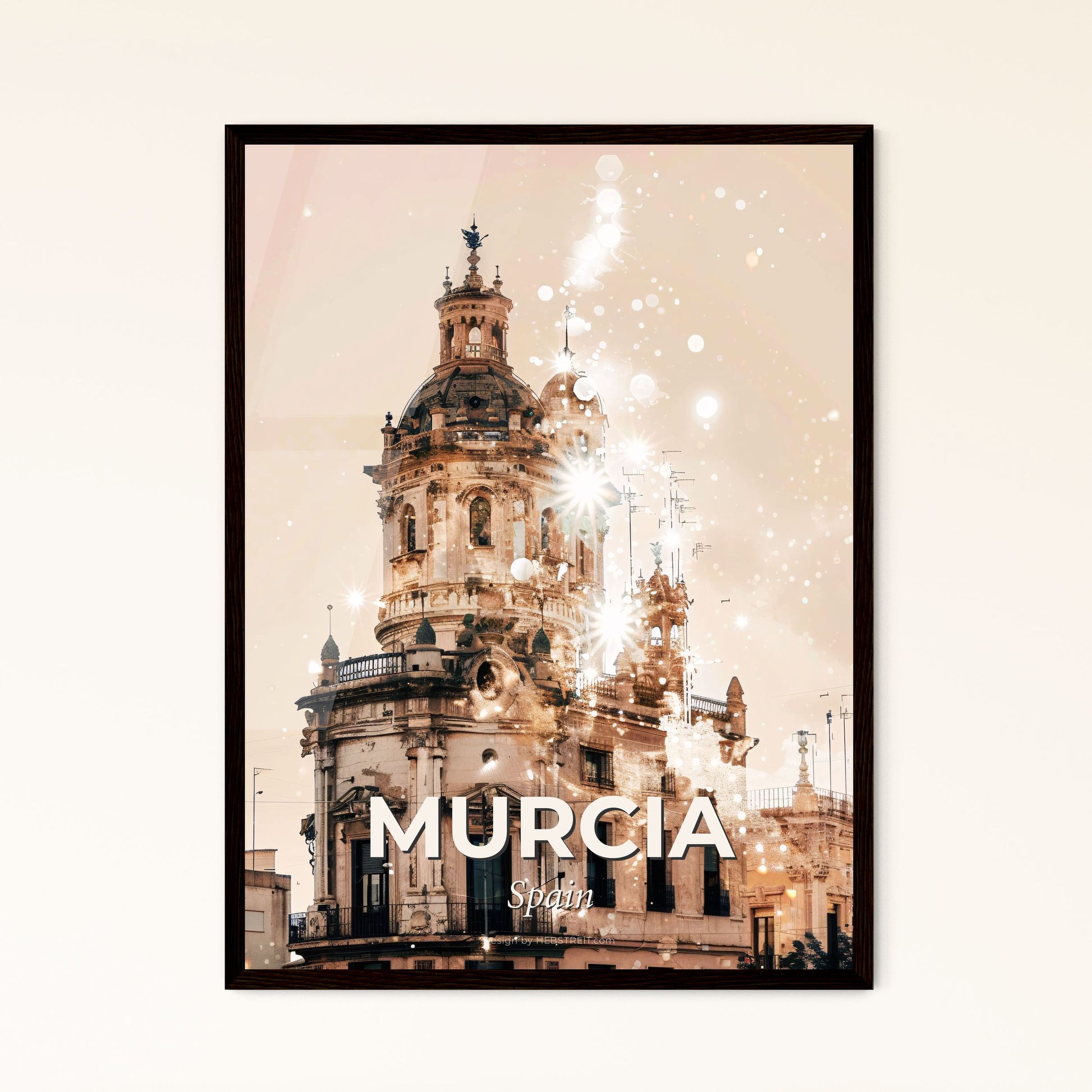 Murcia City Skyline Double Exposure Poster - A building with a tower and a light in the sky