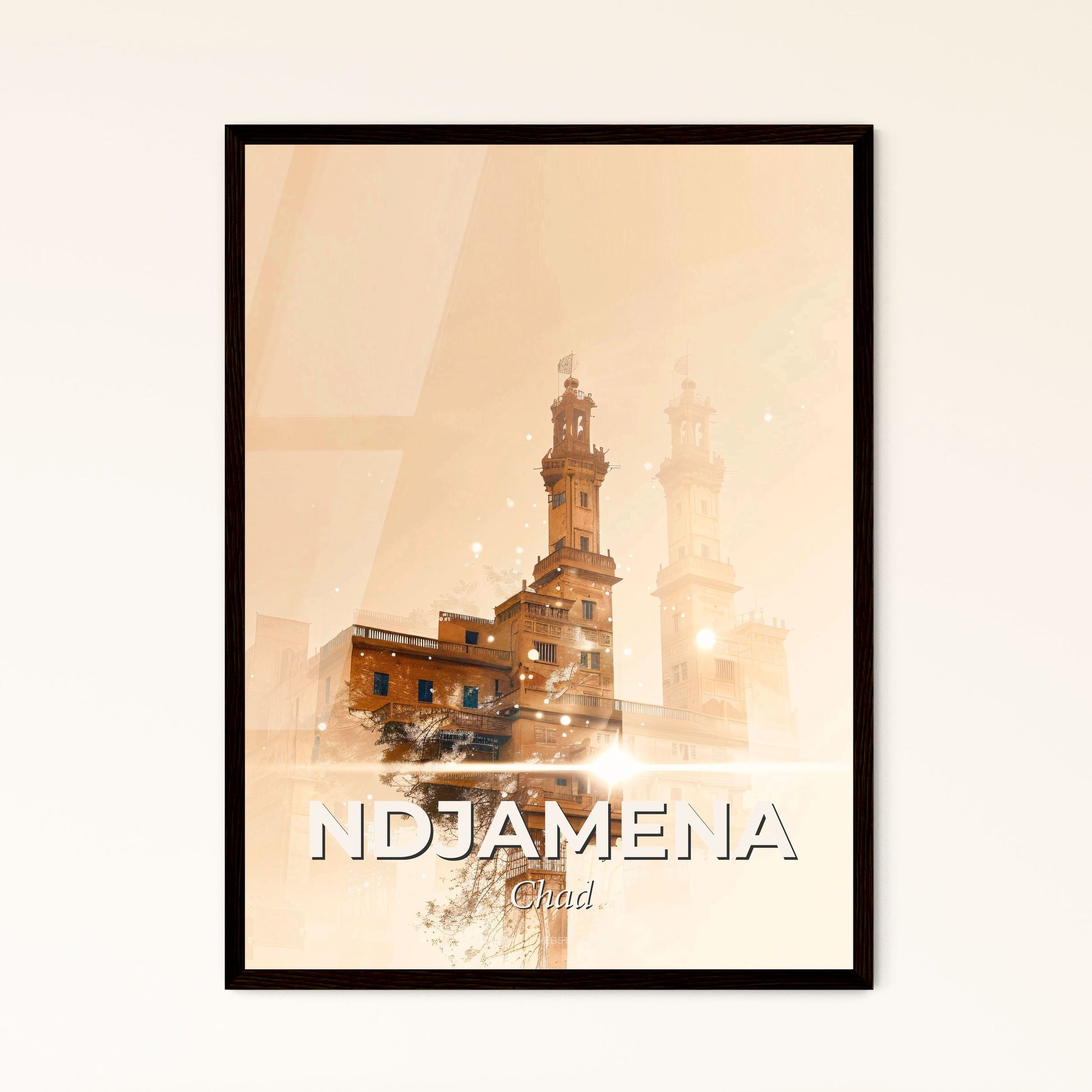 NDjamena Skyline City Lights Vivid Poster - A building with towers and a light beam