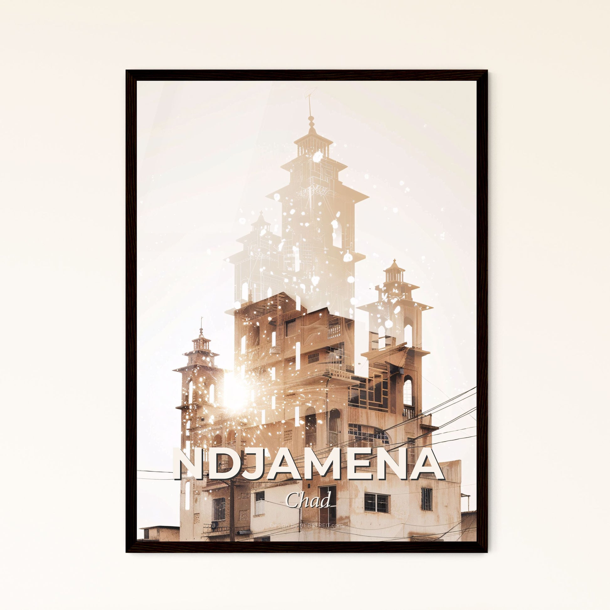 NDjamena Skyline Double Exposure Art Poster - A building with towers and a sun shining through it