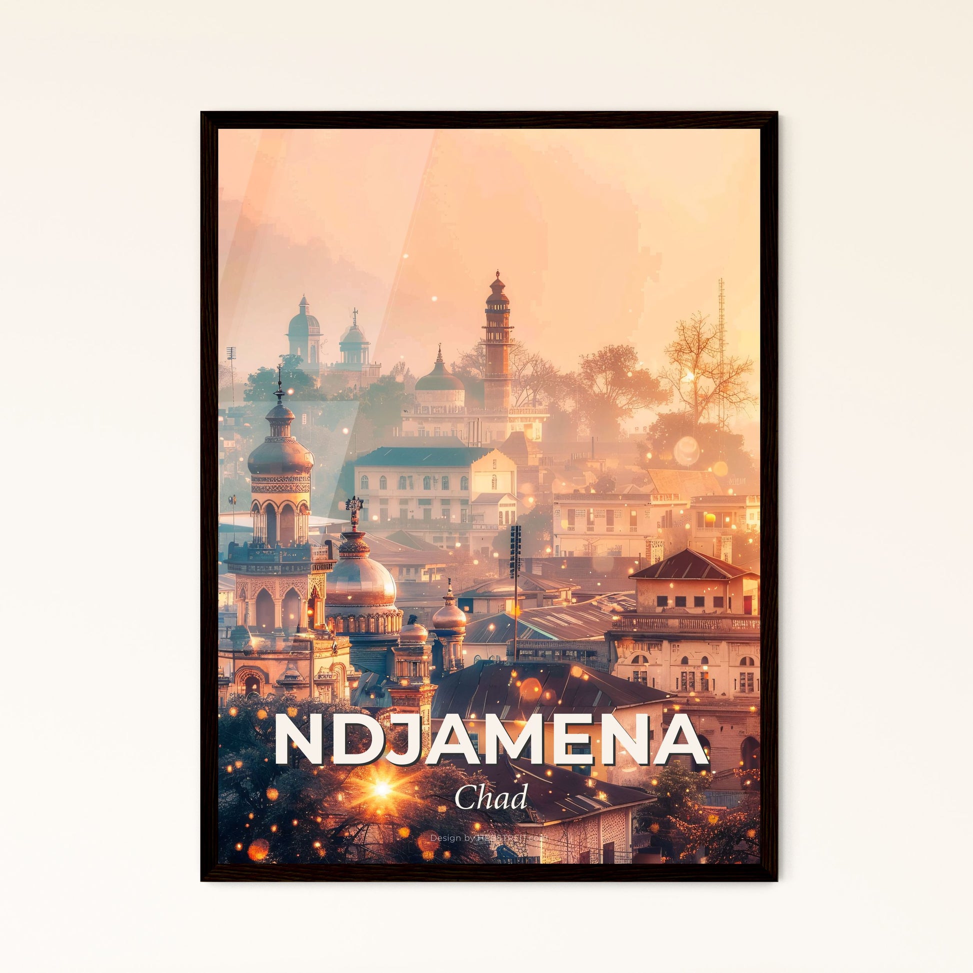 NDjamena Chad Double Exposure Skyline Art Poster - A city with many buildings and a foggy sky