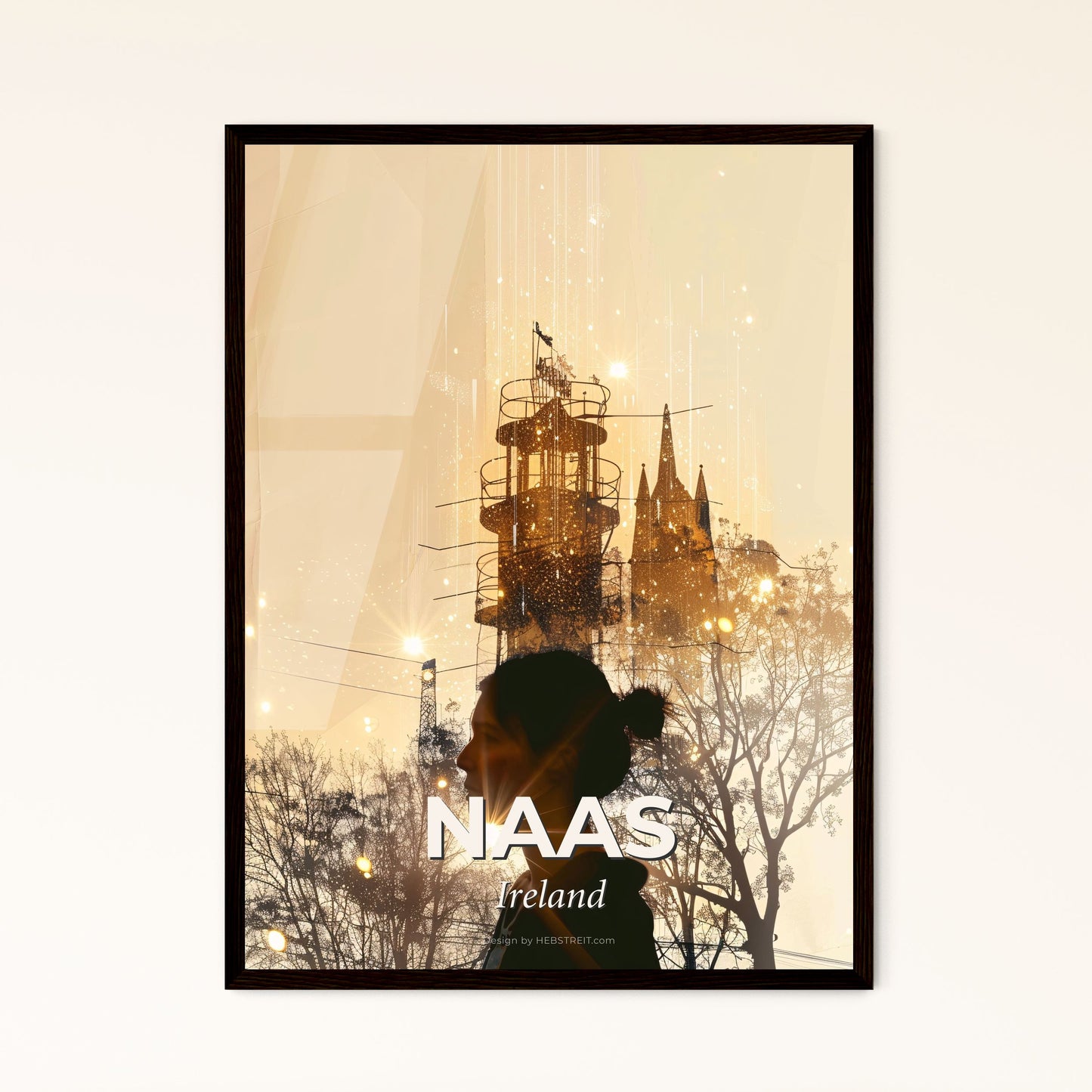 Naas, Ireland City Skyline Silhouette Art - A woman looking at a tower