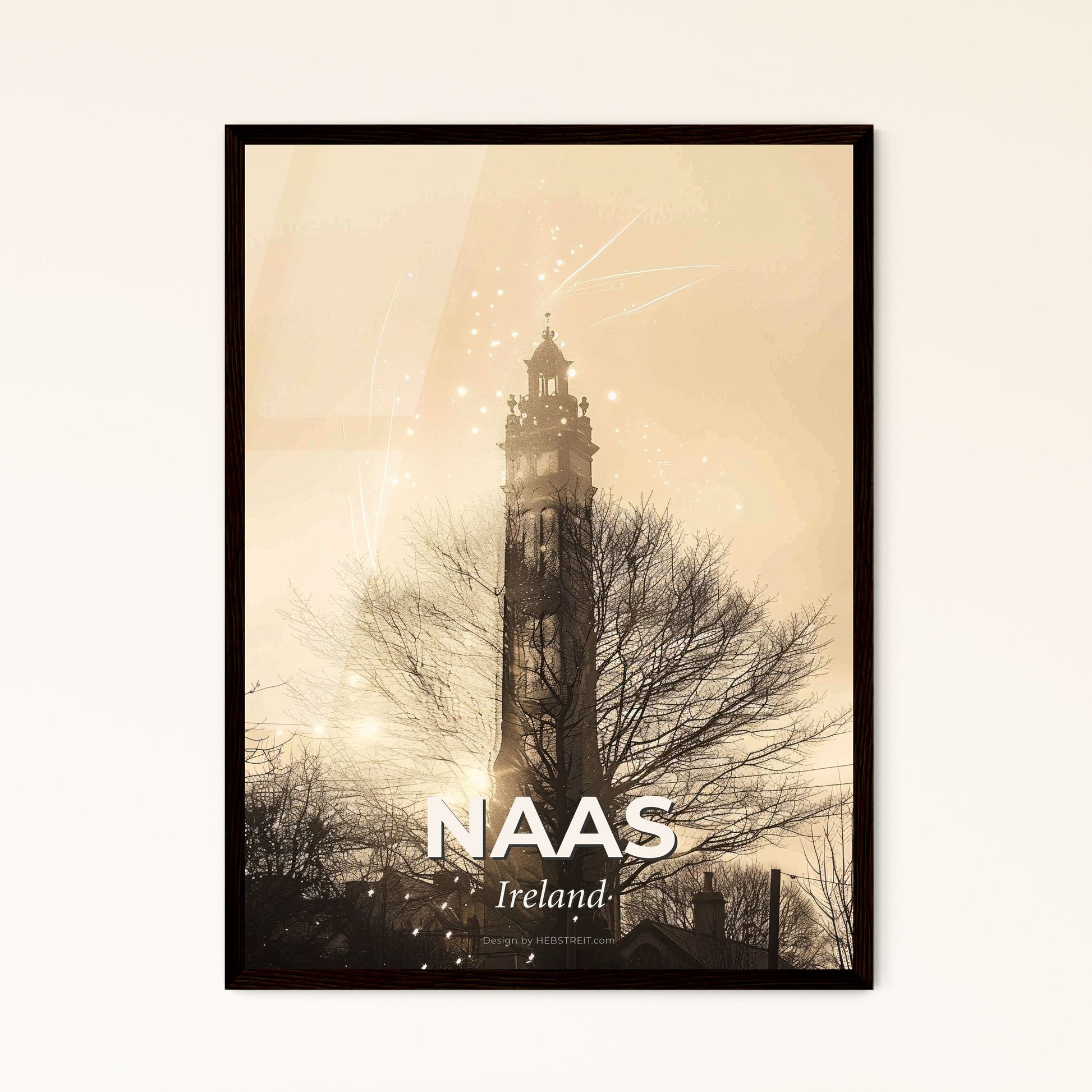 Naas Double Exposure Skyline Art Composite Poster - A tall tower with a tree and a light trail