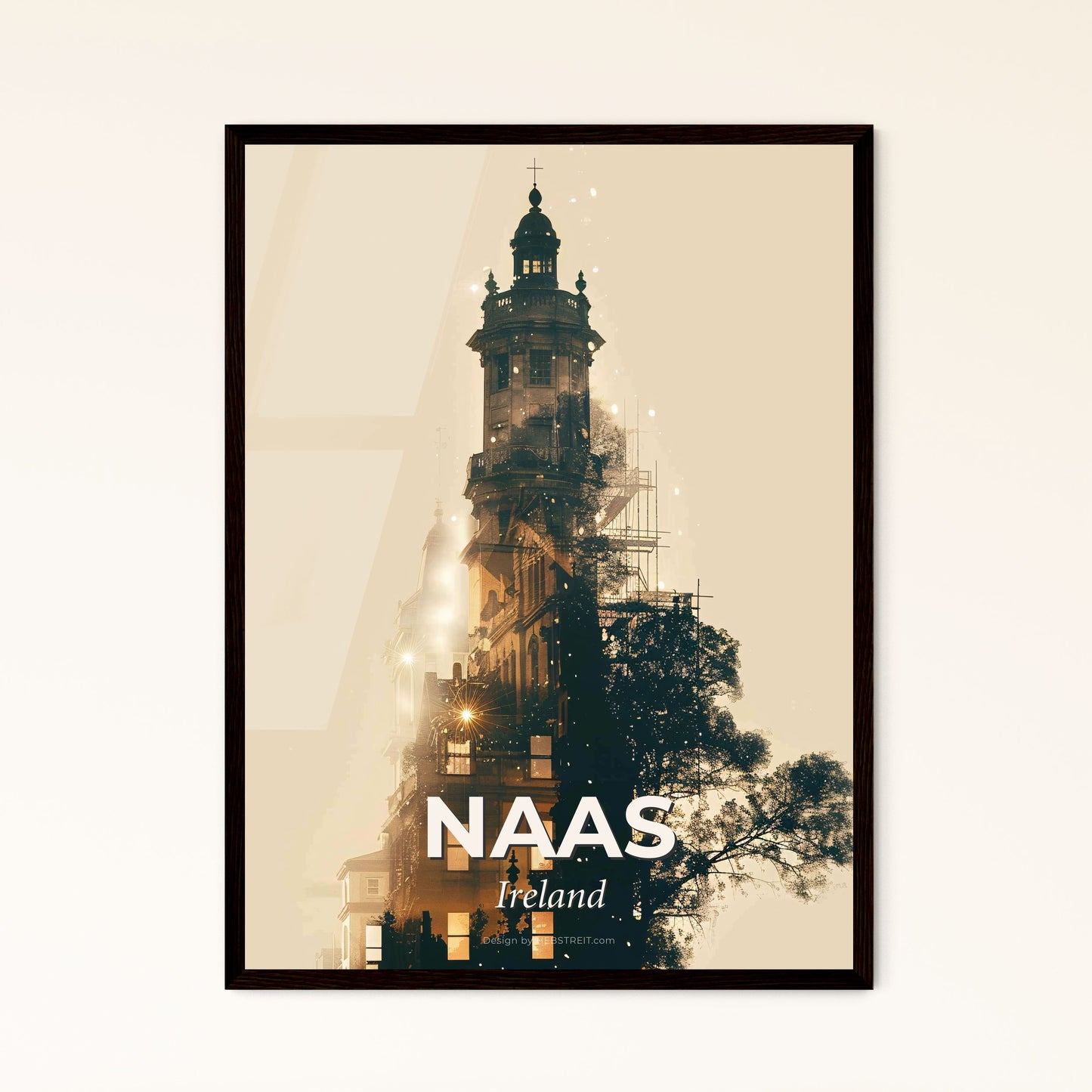 Naas Skyline Art Poster: Ireland Icon Silhouette Sparkles - A building with a tower and a tree