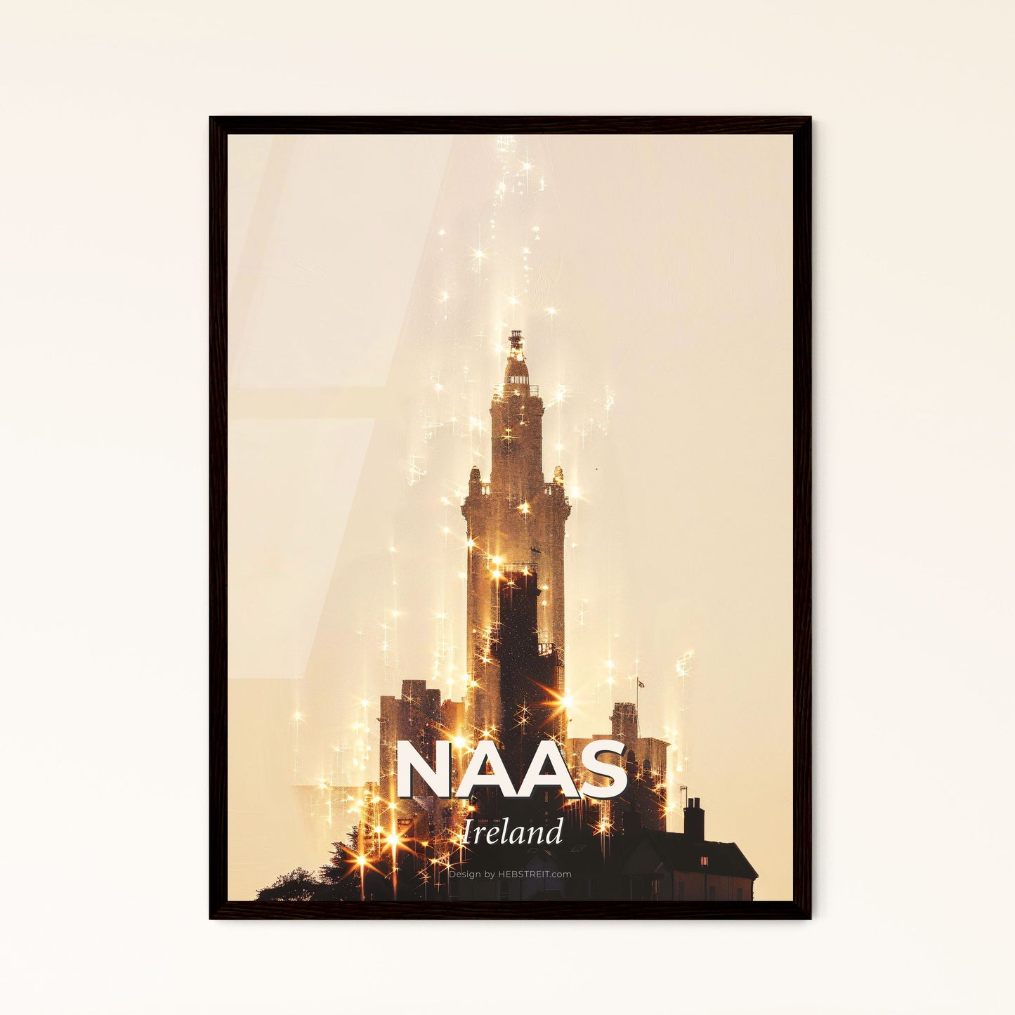 Naas City Silhouette Sparkling Art Print - A tall building with fireworks